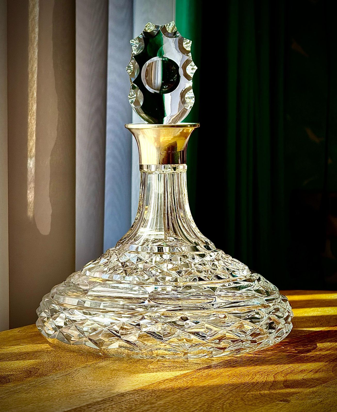 Vintage Cut Glass Ship's Decanter With Sterling Silver Collar By Israel Freeman & Son Ltd, 1968