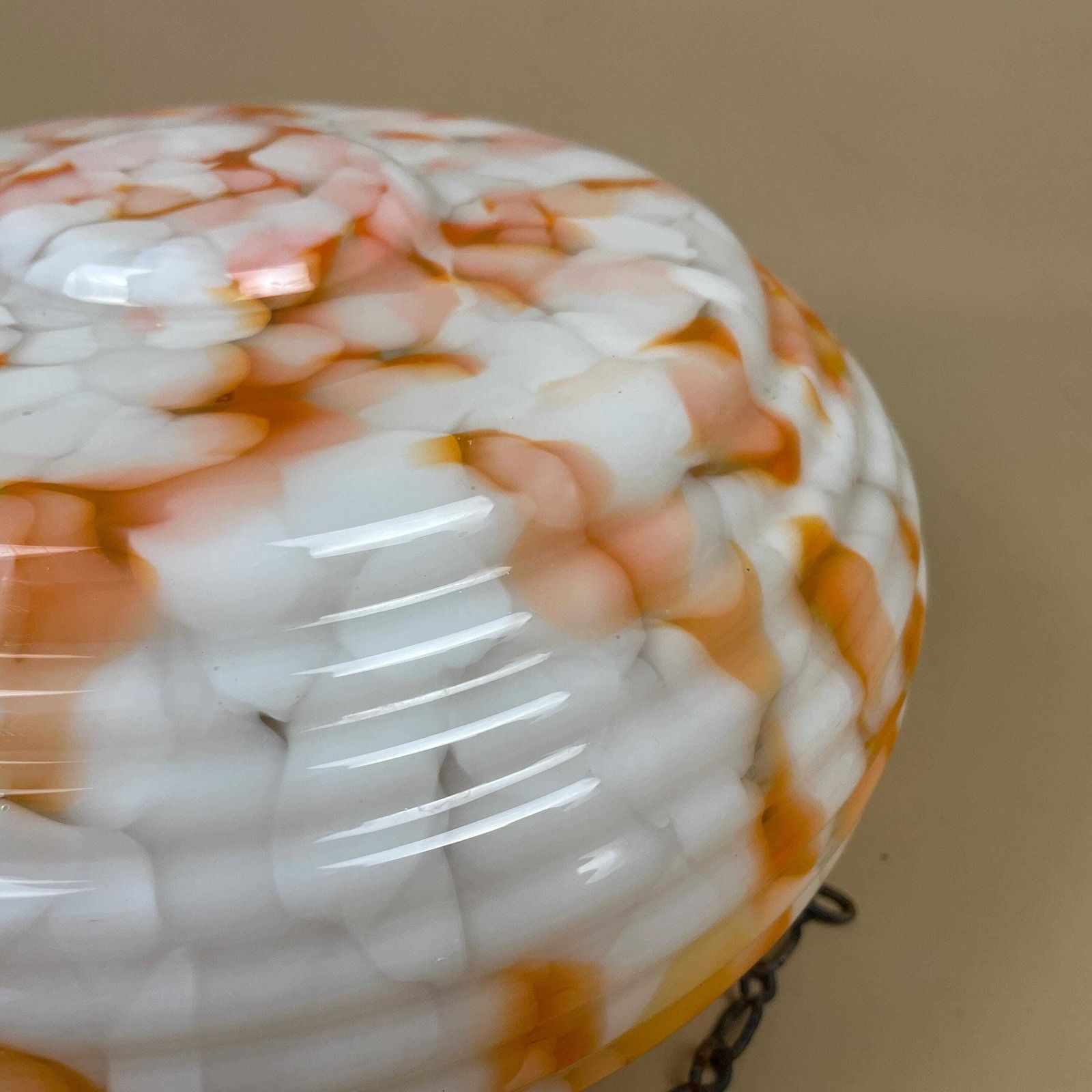 photo for sale Vintage Glass Ceiling Light Shade White Orange Frosted Pendant Stain Glass Tiffany Style Patterned Milky Art Deco Round Circular Hanging