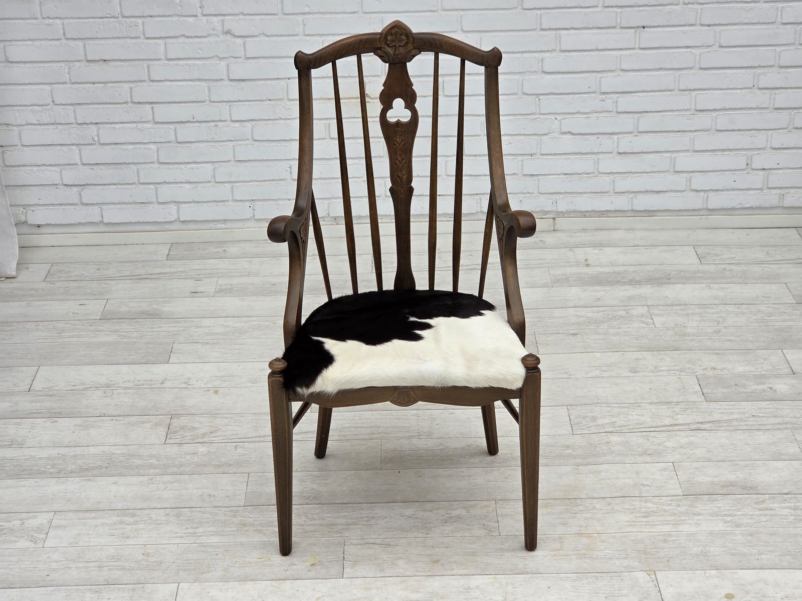 photo furniture 1960s, Danish High Backed Armchair, Reupholstered, Furniture Cowhide, Oak.