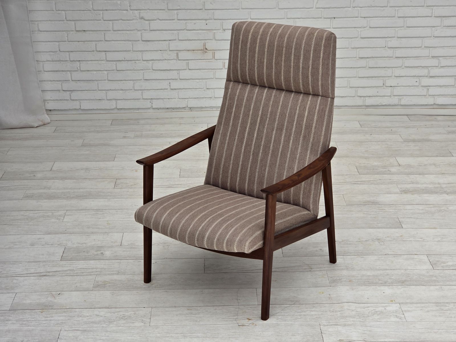 photo buy 1970s, Danish Highback Armchair, Furniture Wool, Teak Wood, Original Condition.
