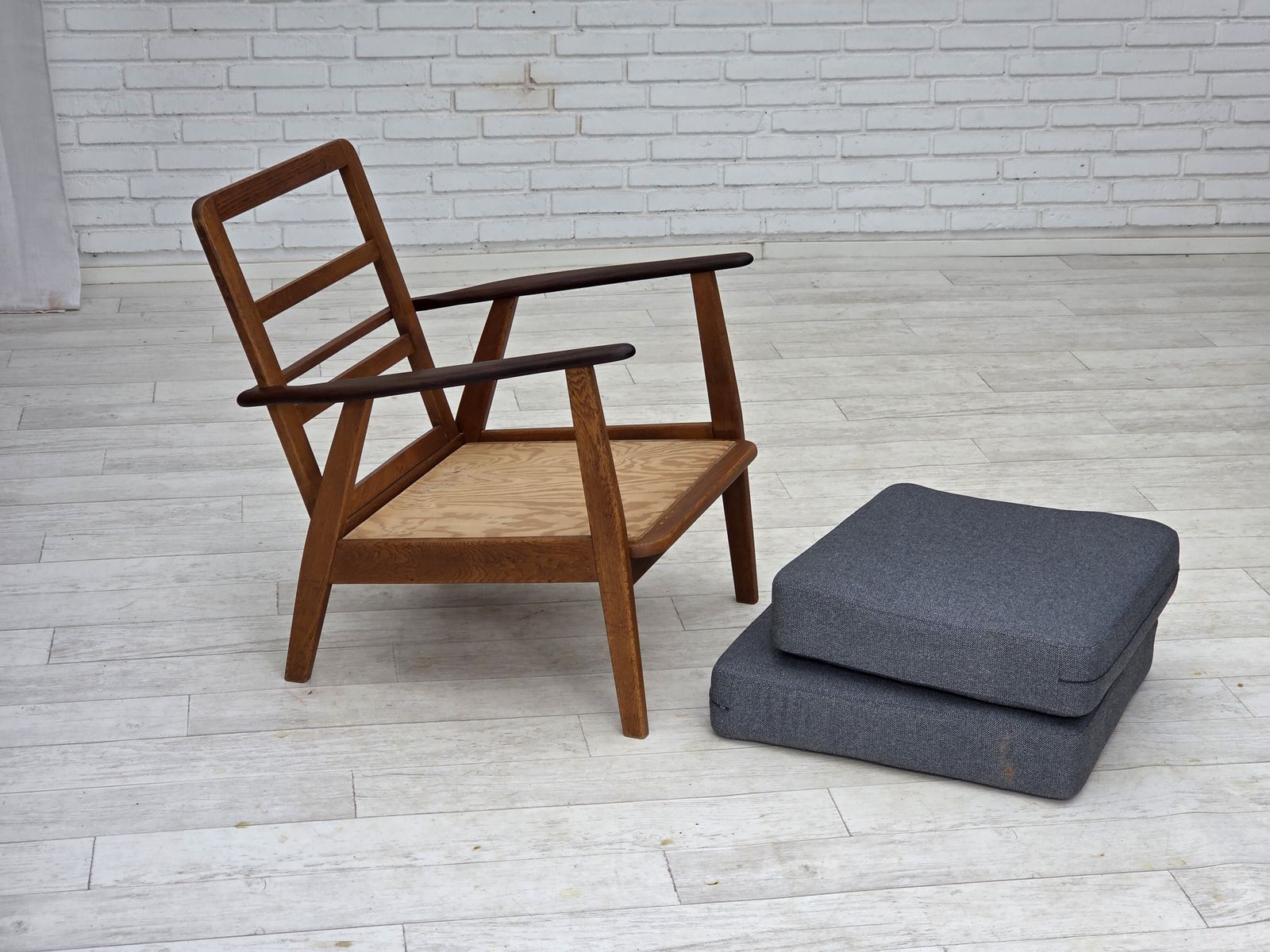 photo for sale 1970s, Pair Of Danish Armchairs, Reupholstered, Furniture Wool, Teak And Oak Wood.
