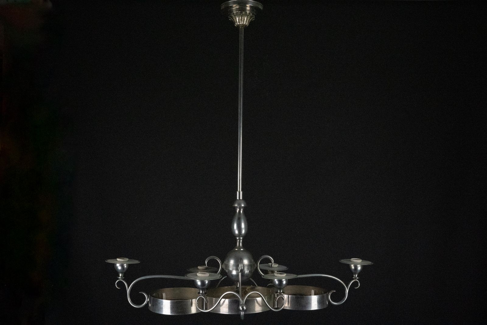 Art Deco Italian Chandelier In Nickel Brass And Frosted Glass, 1930s photo vintage