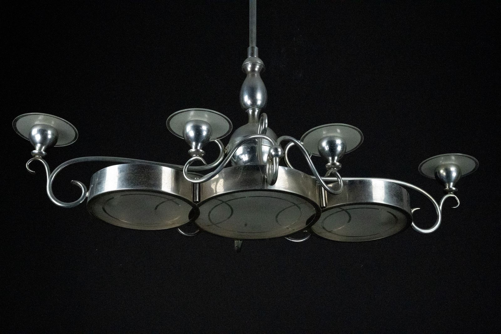 photo furniture Art Deco Italian Chandelier In Nickel Brass And Frosted Glass, 1930s
