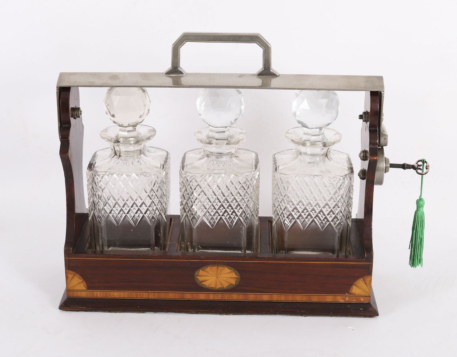 Antique Inlaid Walnut Three Cut  Crystal Decanter Tantalus C1870 19th C