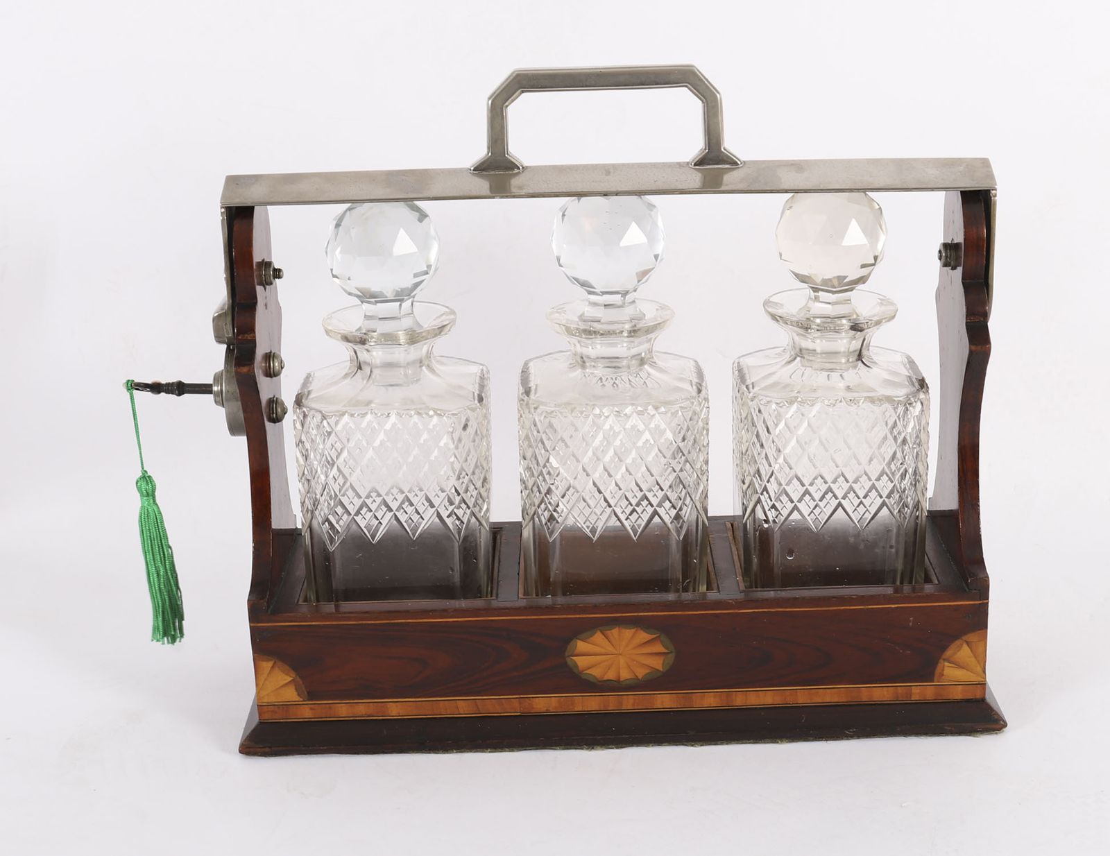 photo furniture Antique Inlaid Walnut Three Cut  Crystal Decanter Tantalus C1870 19th C