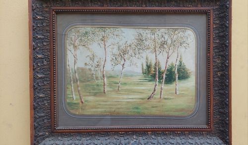 Antique 19th Century Country Landscape Painting Original Pill Frame photo furniture