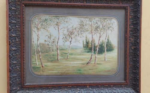Antique 19th Century Country Landscape Painting Original Pill Frame photo vintage