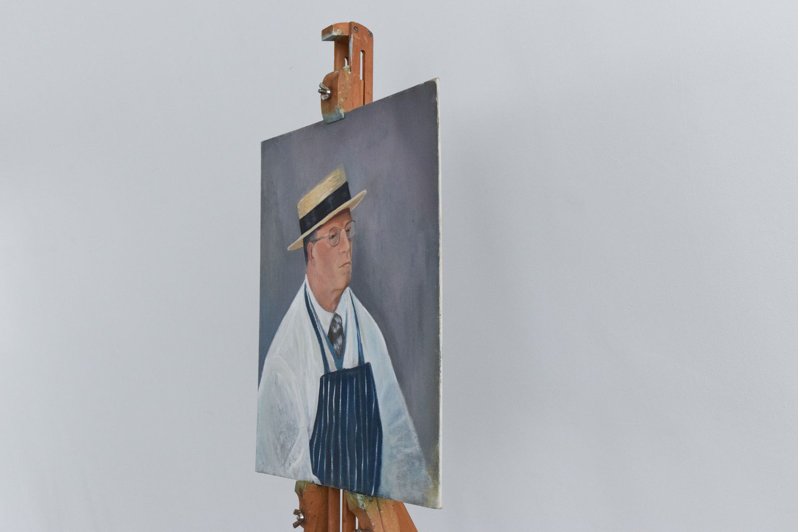 Vintage Original 1960s Oil On Board Portrait Painting Of A Butcher By Cynthia Oliver photo for sale