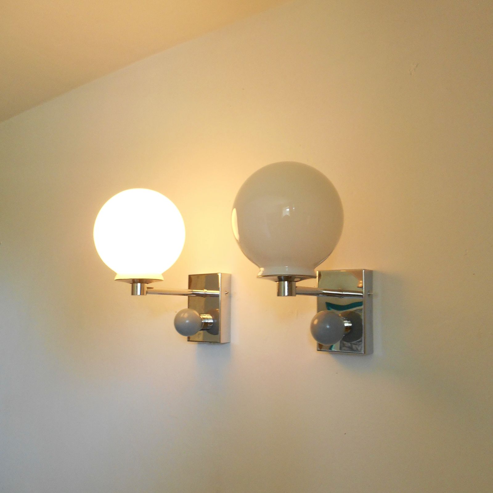 photo for sale A Pair Of Unique Silver Chrome Wall Lamps With White Glass Globe Shades