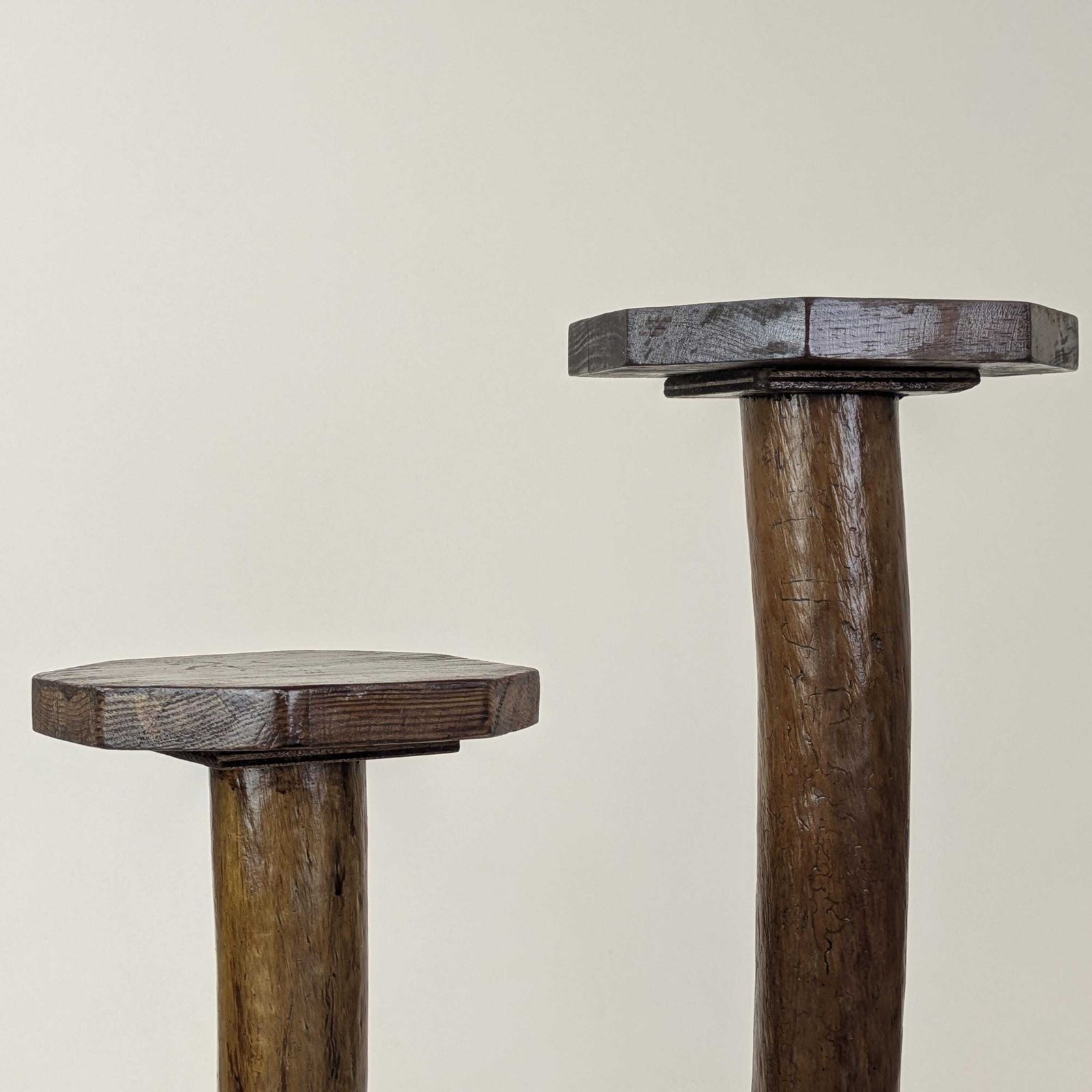 Antique French Folk Primitive Art Wood Pedestal Stands Pair Rustic Decor Early 20th Century Display Tree Trunk Branch Flower Pot Plant Stand photo 816.0