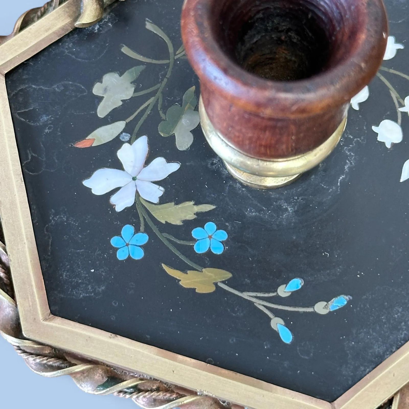 Rare 19th Century French Pietra Dura Chamberstick, Floral Inlay Brass Candle Holder photo for sale