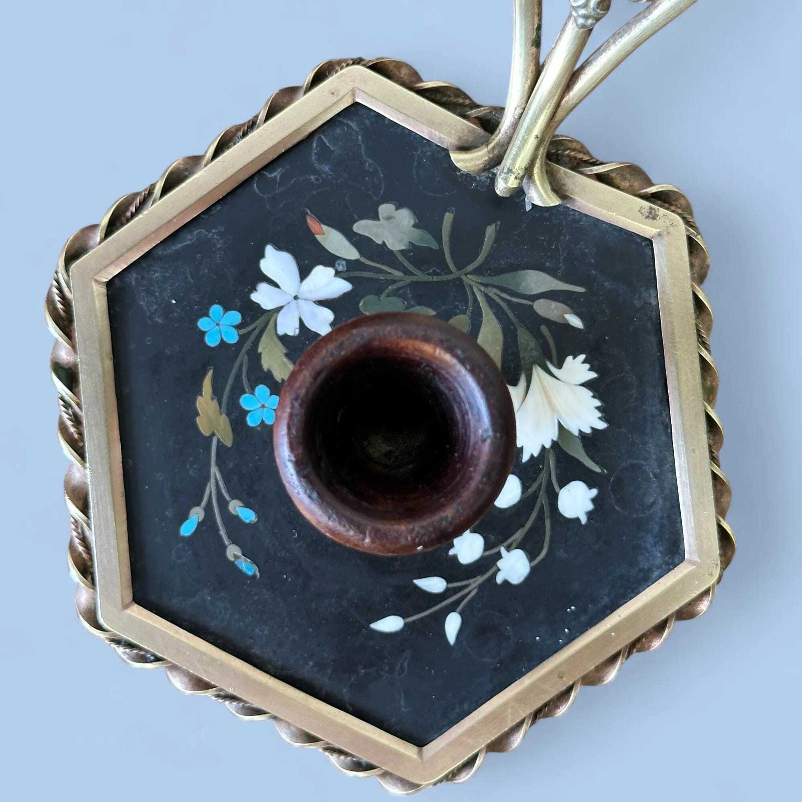 photo furniture Rare 19th Century French Pietra Dura Chamberstick, Floral Inlay Brass Candle Holder