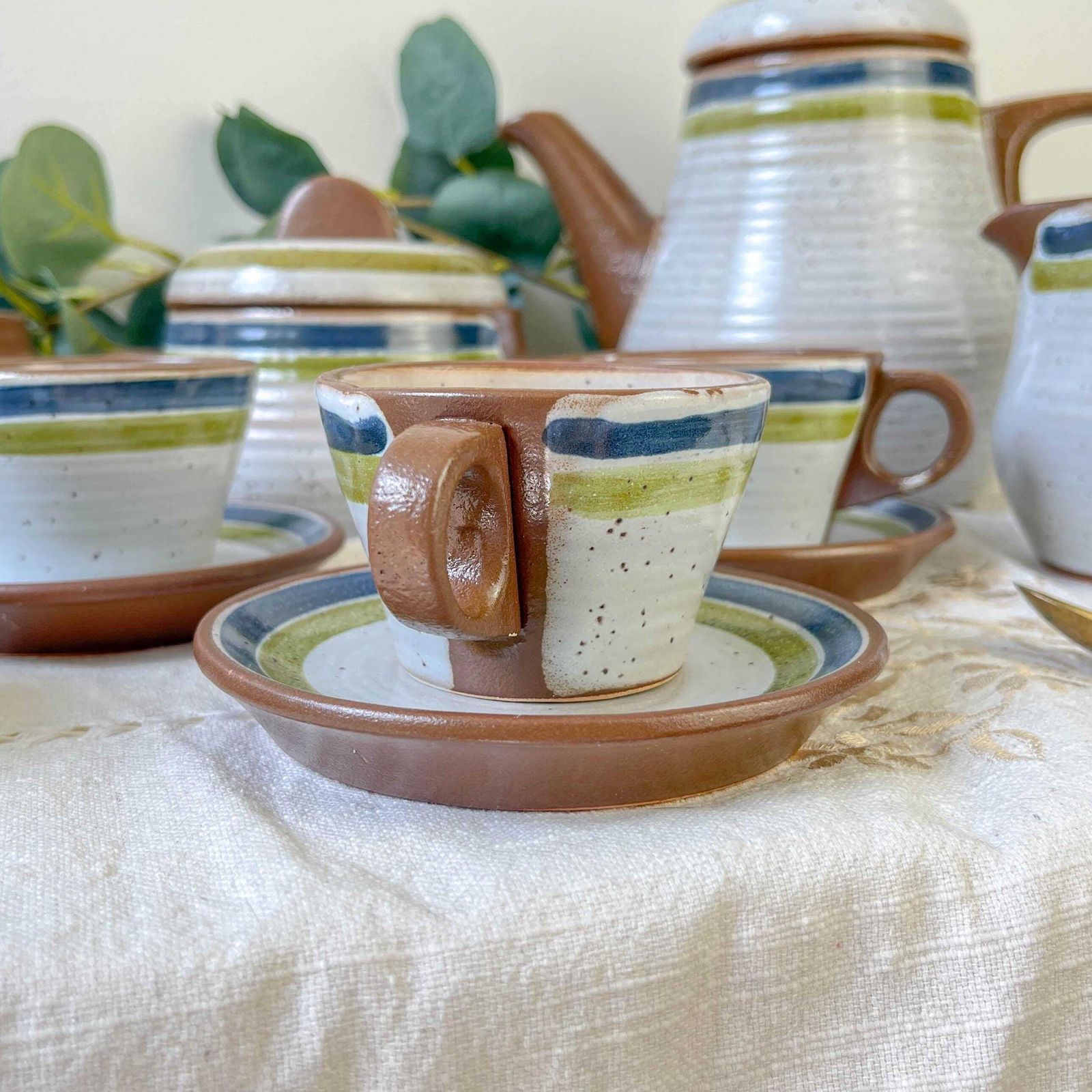 Vintage 1950s Speckled Stoneware Coffee Set In Gray With Green And Blue Stripes   Vintage Stoneware Coffee Cups   Vintage Stoneware Teapot photo vinterior