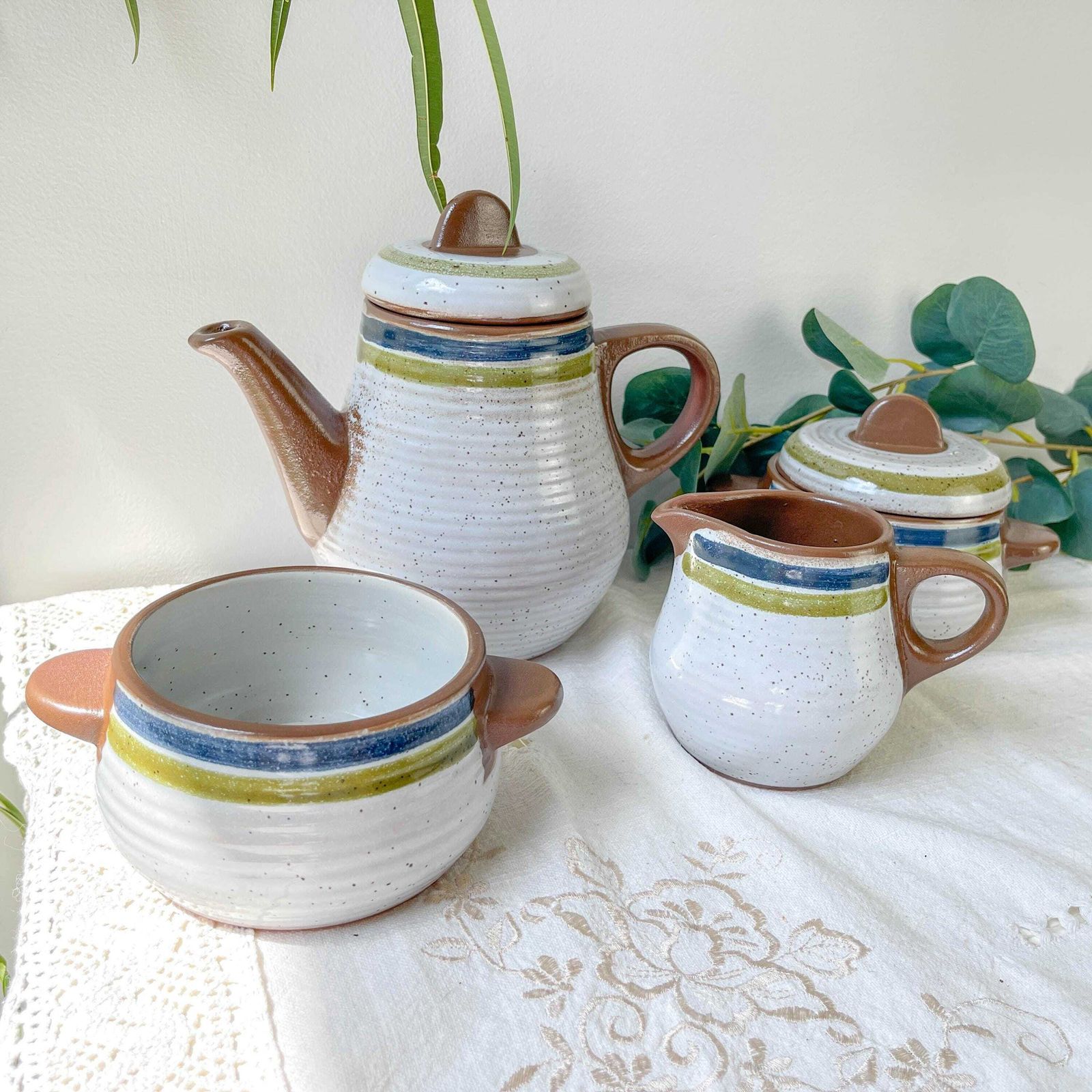 photo furniture Vintage 1950s Speckled Stoneware Coffee Set In Gray With Green And Blue Stripes   Vintage Stoneware Coffee Cups   Vintage Stoneware Teapot