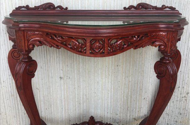 Vintage Rococo Style Italian Console Table In Mahogany With Glass Top, 1960s photo vintage