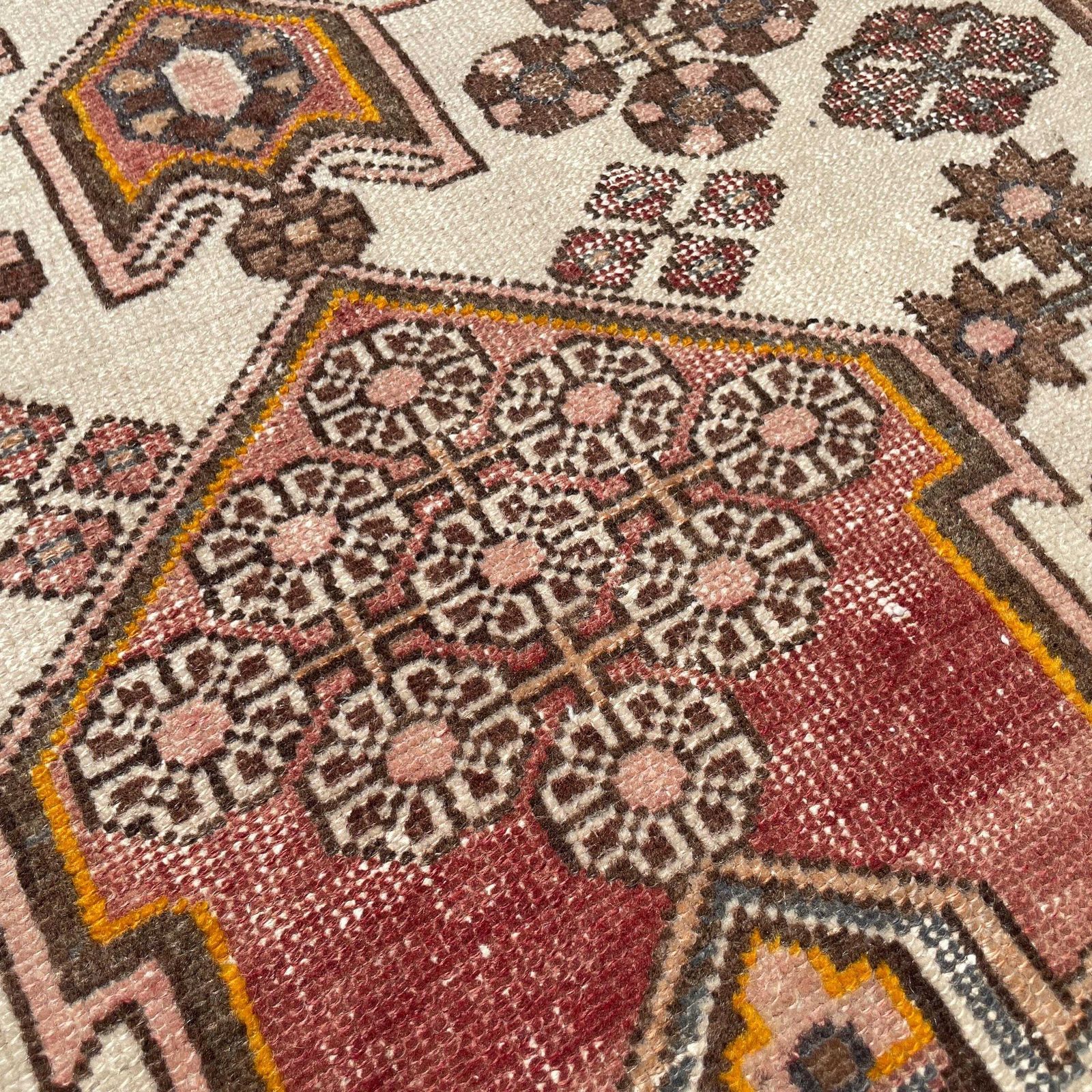 Antique Hand Woven Rug Carpet Mat Rectangle Wool Vintage Pattern Floor Mat Handmade Textile Patterned 102x158cm Brown Cream Pink Muted photo Textiles