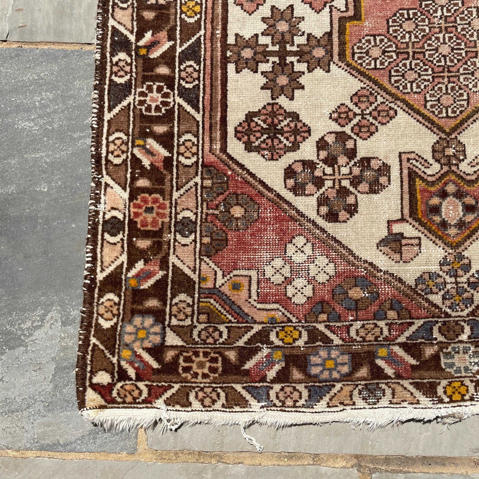 Antique Hand Woven Rug Carpet Mat Rectangle Wool Vintage Pattern Floor Mat Handmade Textile Patterned 102x158cm Brown Cream Pink Muted photo 195.0