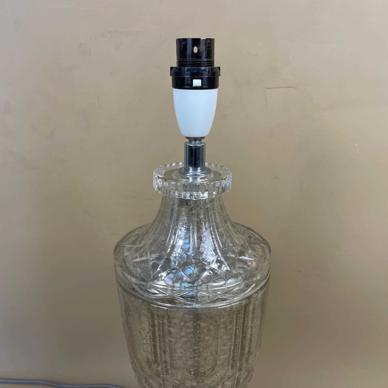 Vintage Glass Lamp Light Bedside Table Desk Vase Medium Interior Clear Silver Speckled Mottled Finish Design Cottage Modern Classic photo Lighting