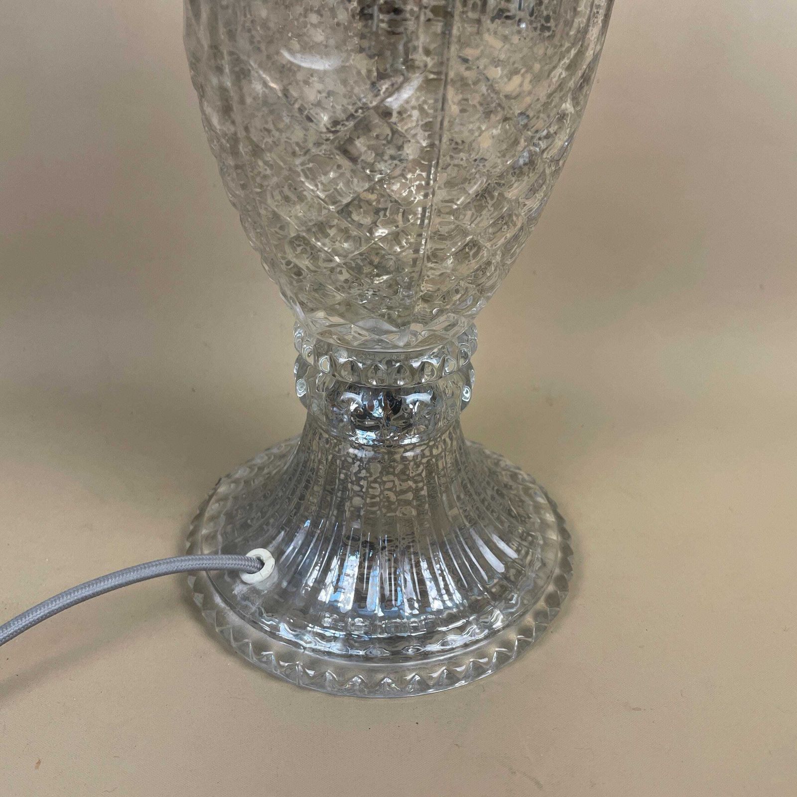 Vintage Glass Lamp Light Bedside Table Desk Vase Medium Interior Clear Silver Speckled Mottled Finish Design Cottage Modern Classic photo vinterior