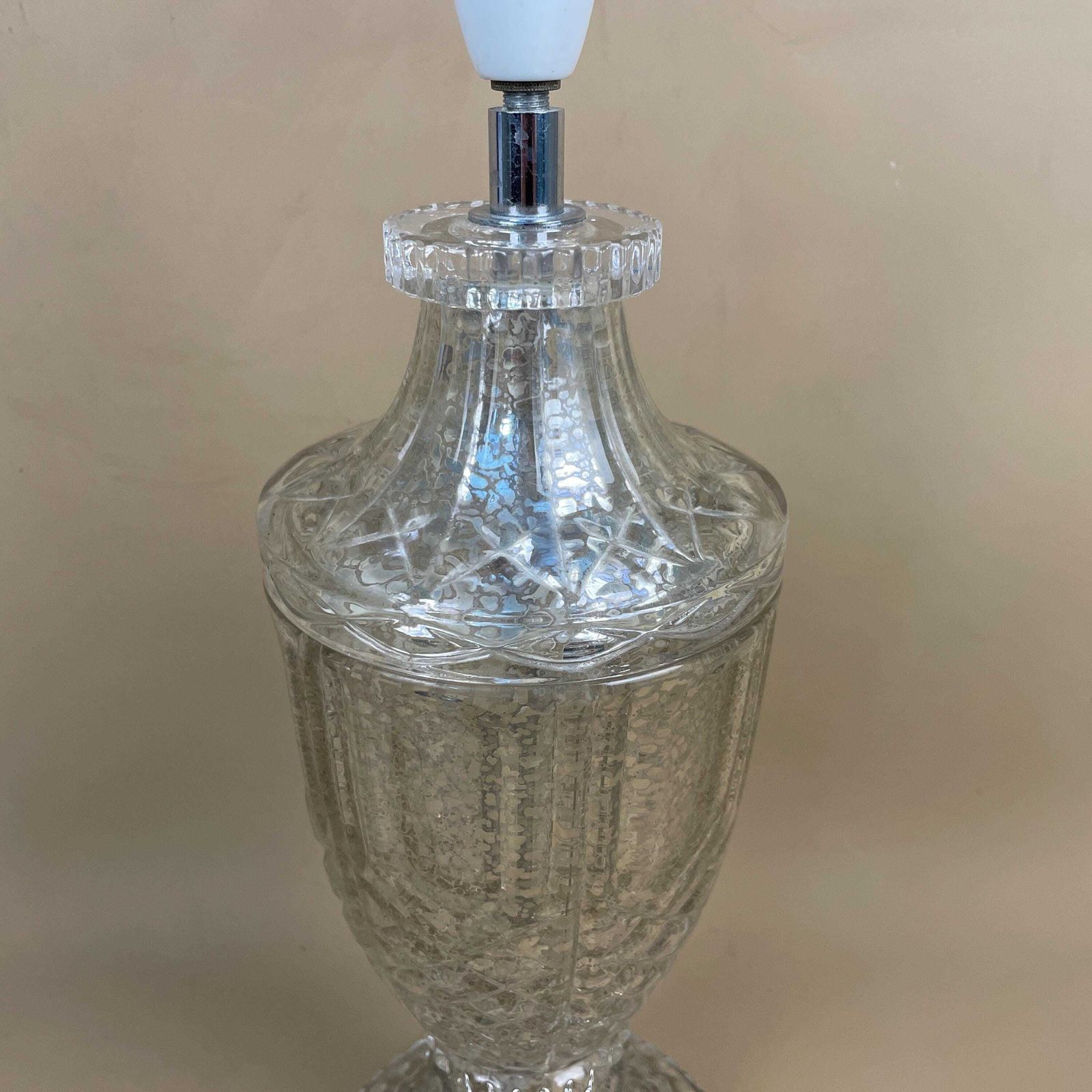 Vintage Glass Lamp Light Bedside Table Desk Vase Medium Interior Clear Silver Speckled Mottled Finish Design Cottage Modern Classic photo buy