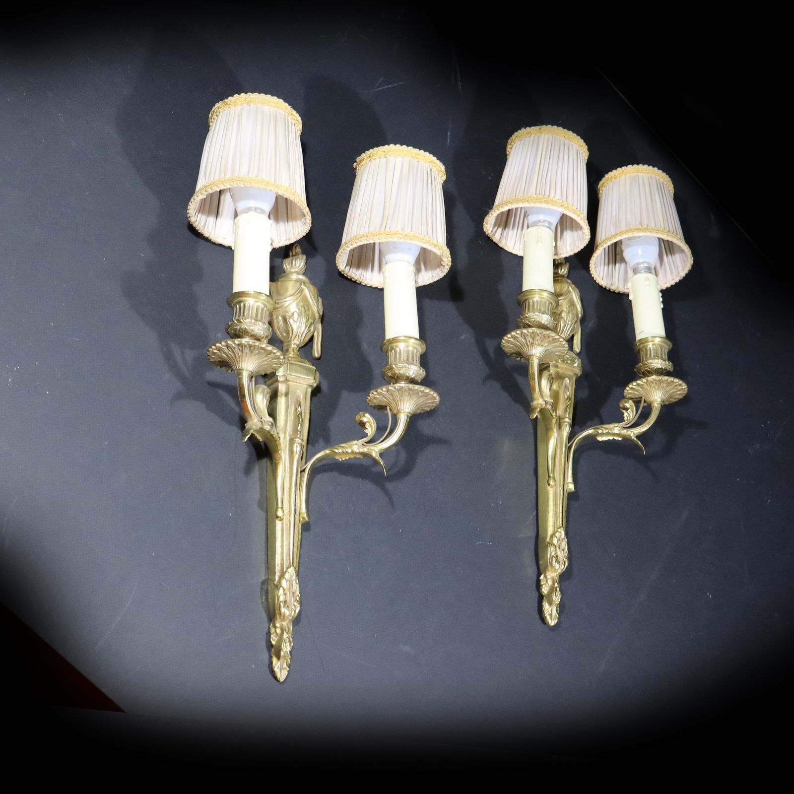 Pair Of French Gilt Bronze Wall Mounted Sconces Louis XV Style Wall Lights With Lampshades