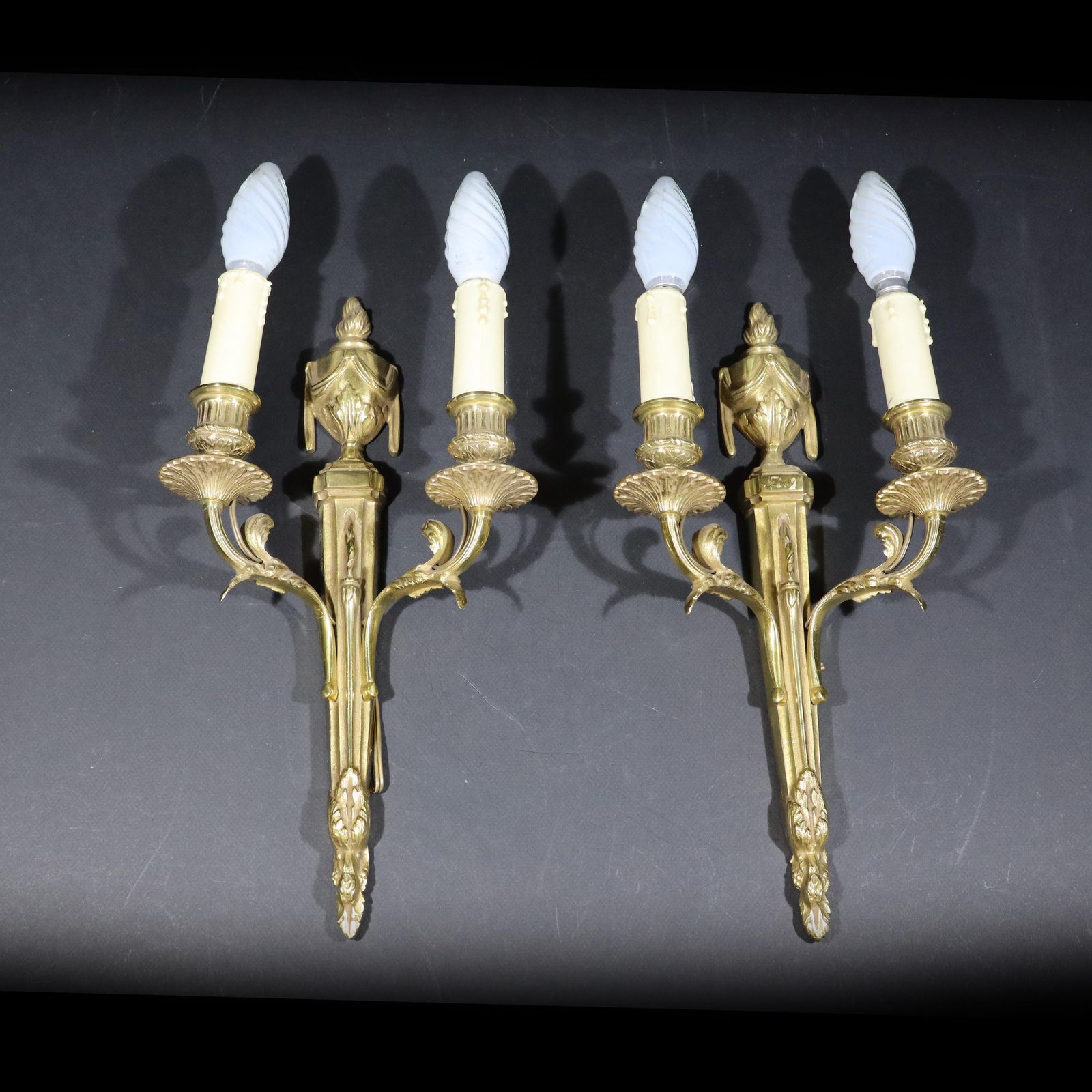Pair Of French Gilt Bronze Wall Mounted Sconces Louis XV Style Wall Lights With Lampshades photo for sale
