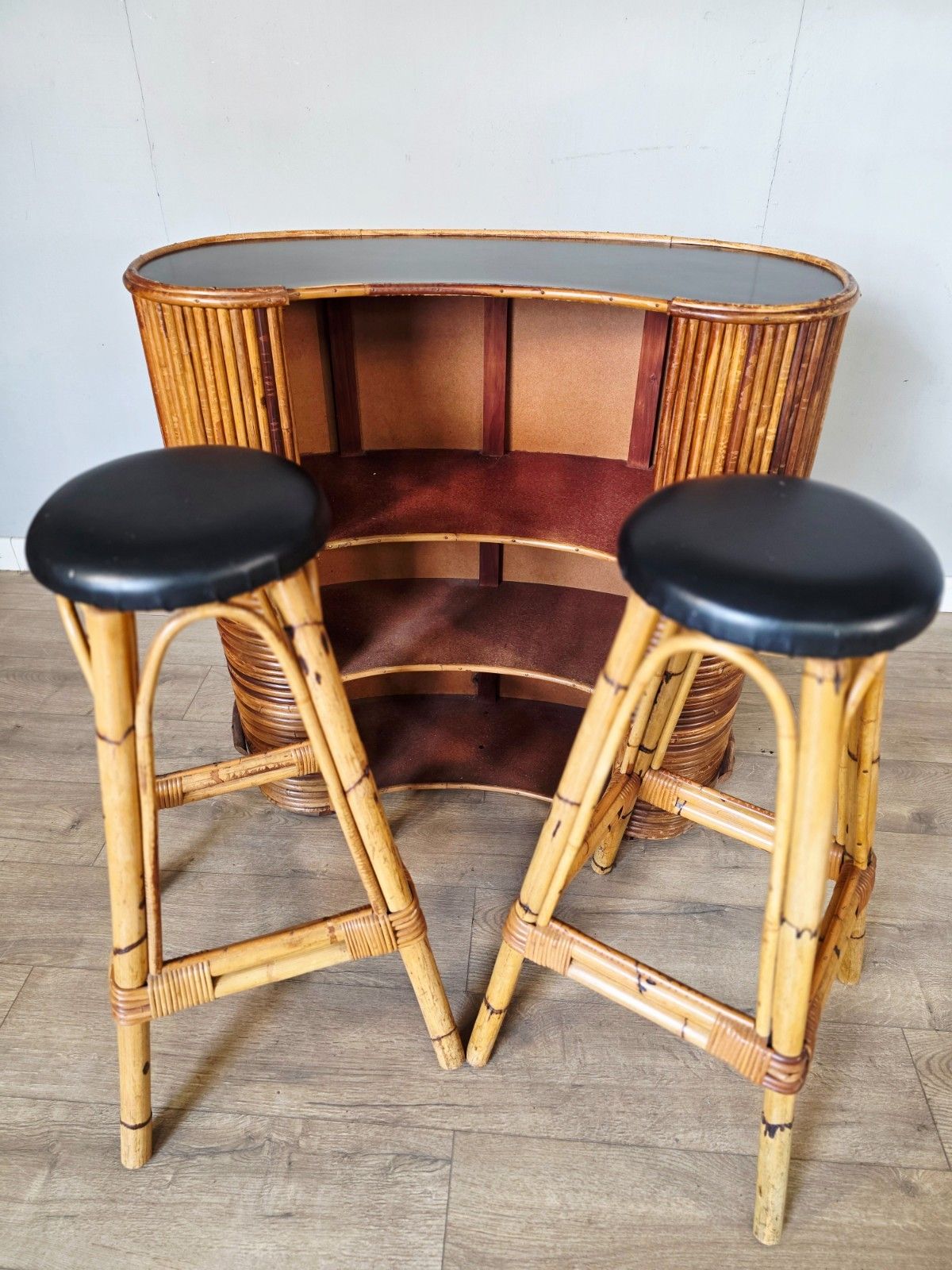 1970 Bamboo Tiki Bar With 2 Bar Stools photo Furniture