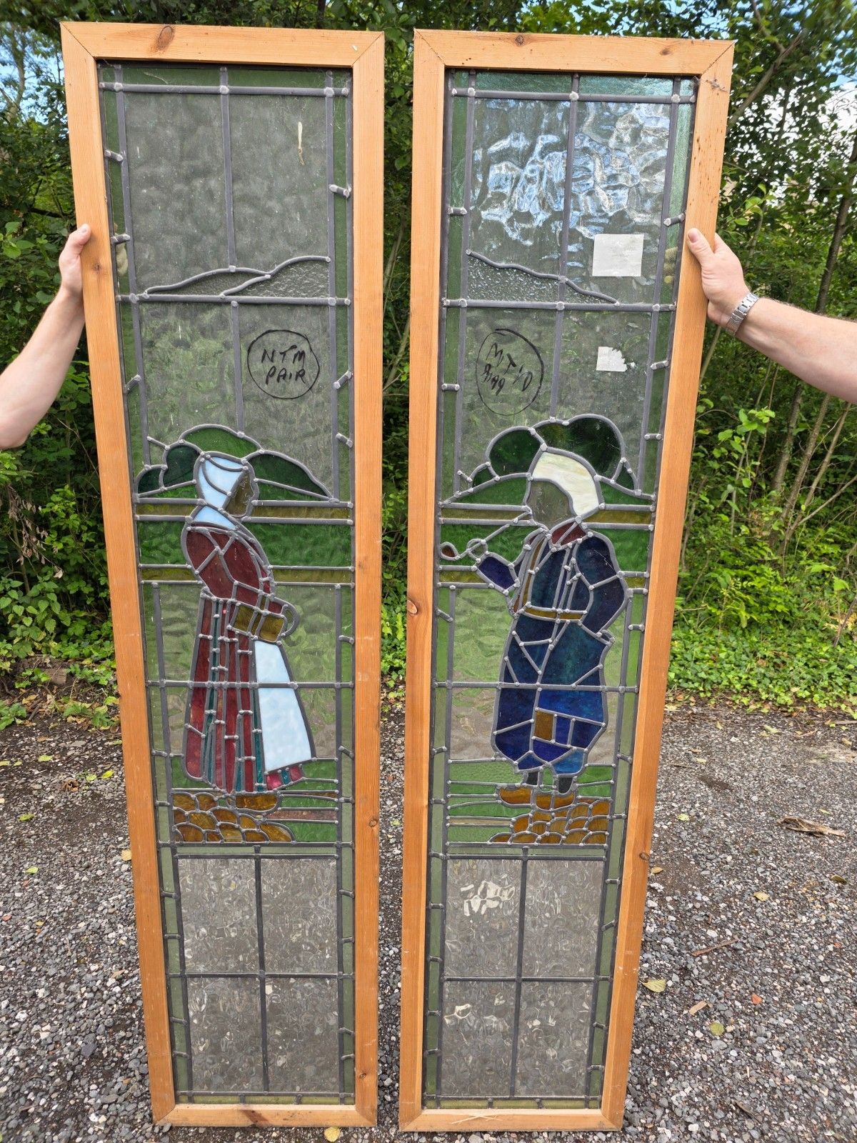 1930 Antique Leaded Glass Window With Dutch Boy And Girl Design photo 750.0