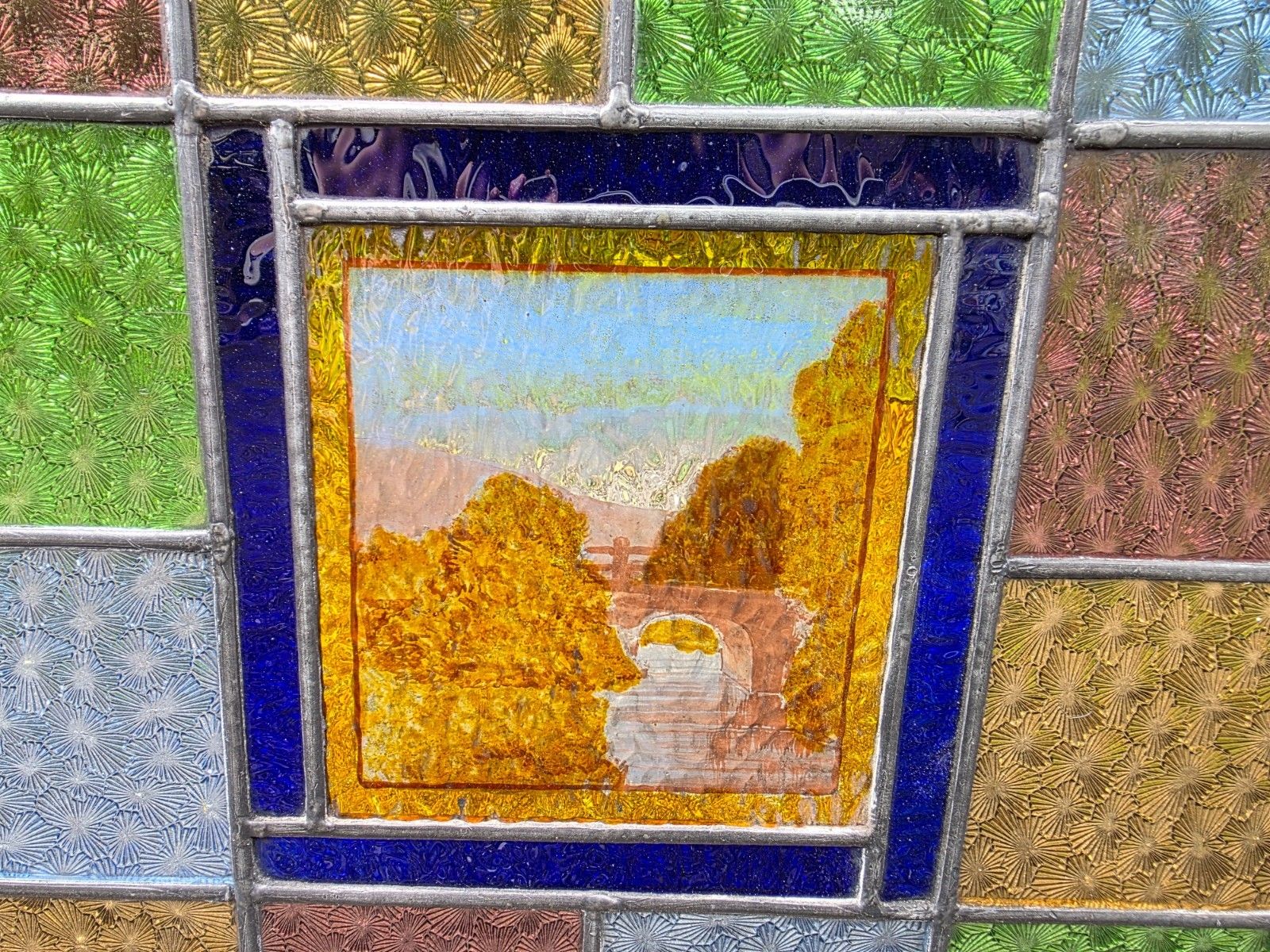 1900 Antique Leaded Glass Window With Hand Painted Country Scene photo for sale
