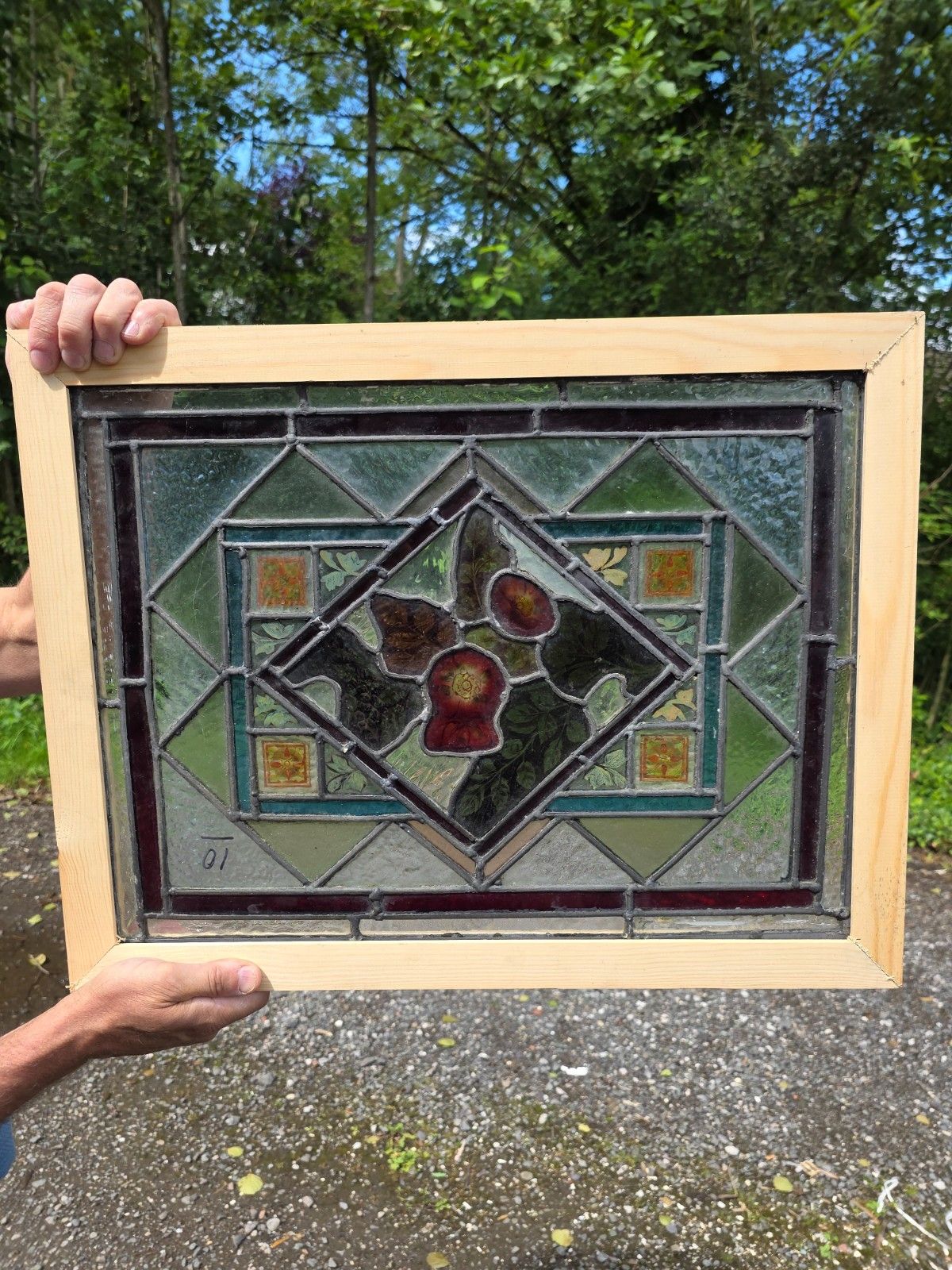 1890 Aantique Leaded Glass Window With Hand Painted Flower Design