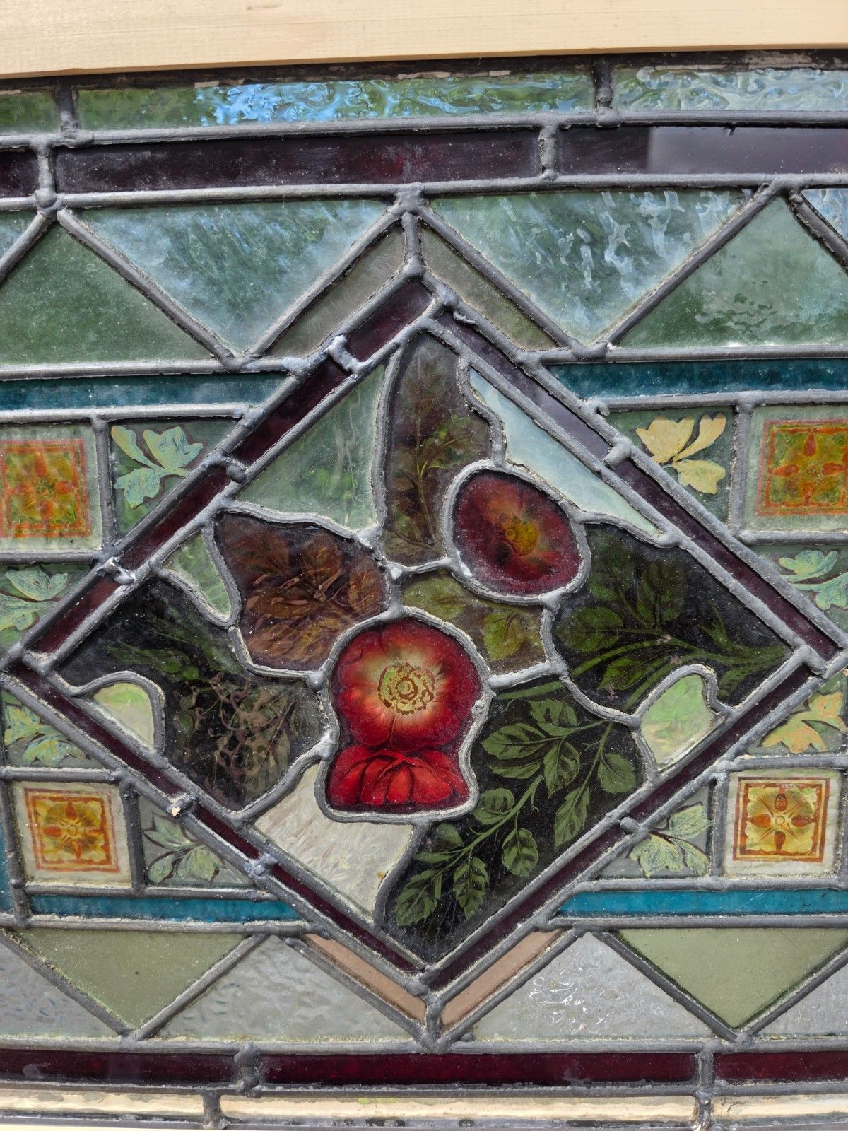 1890 Aantique Leaded Glass Window With Hand Painted Flower Design photo furniture