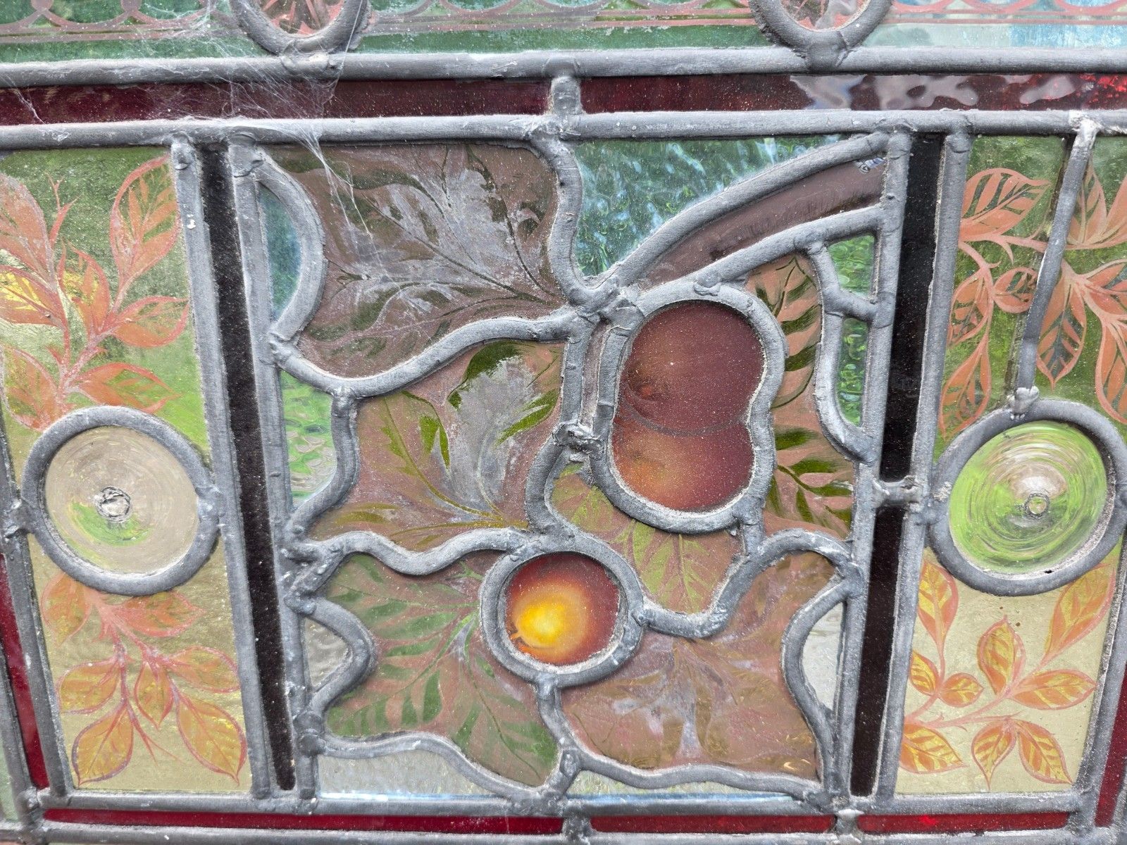 1890 Antique Leaded Glass Window With Hand Painted Fruit Design And Clear... photo for sale