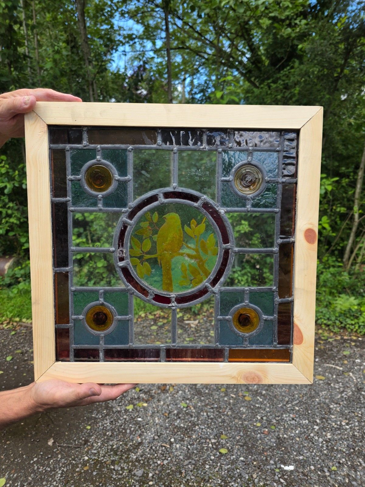 1910 Antique Leaded Glass Window With Bird On A Branch And Amber Bullseyes...
