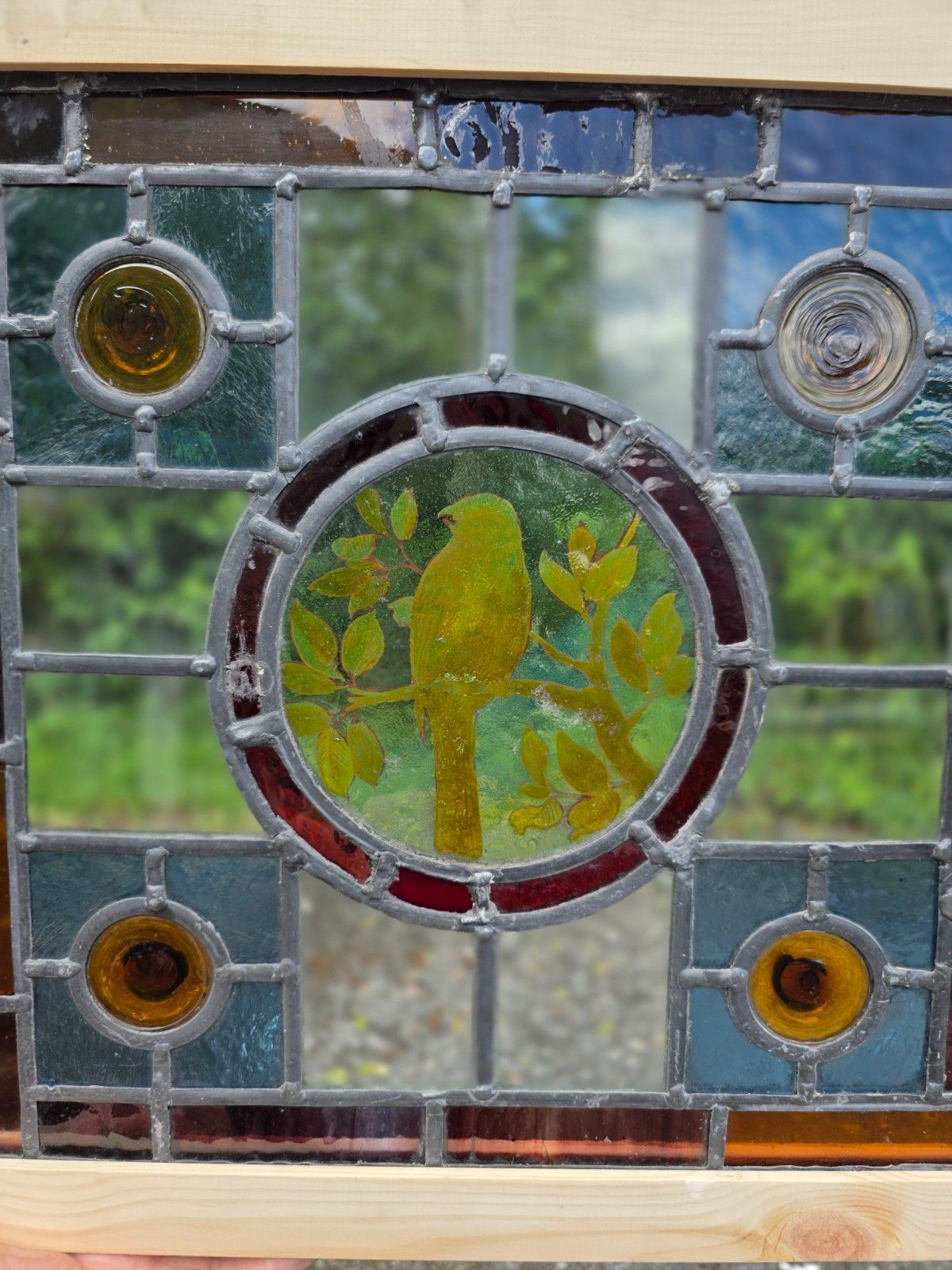 1910 Antique Leaded Glass Window With Bird On A Branch And Amber Bullseyes... photo furniture