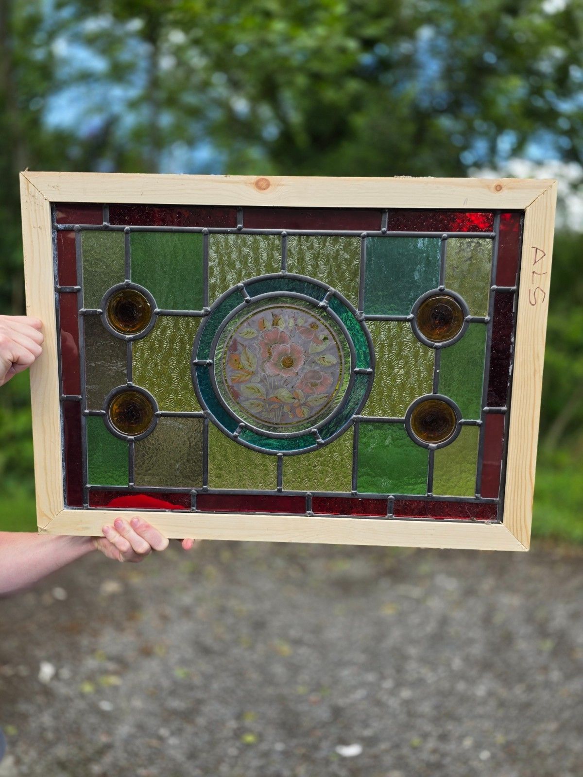 1910 Antique Leaded Glass With Hand Painted Flowers Window photo furniture