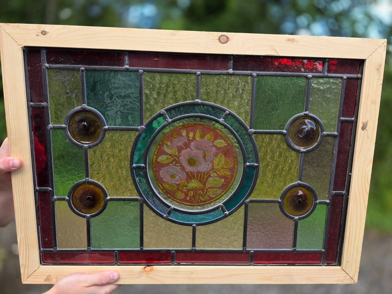 1910 Antique Leaded Glass With Hand Painted Flowers Window photo for sale
