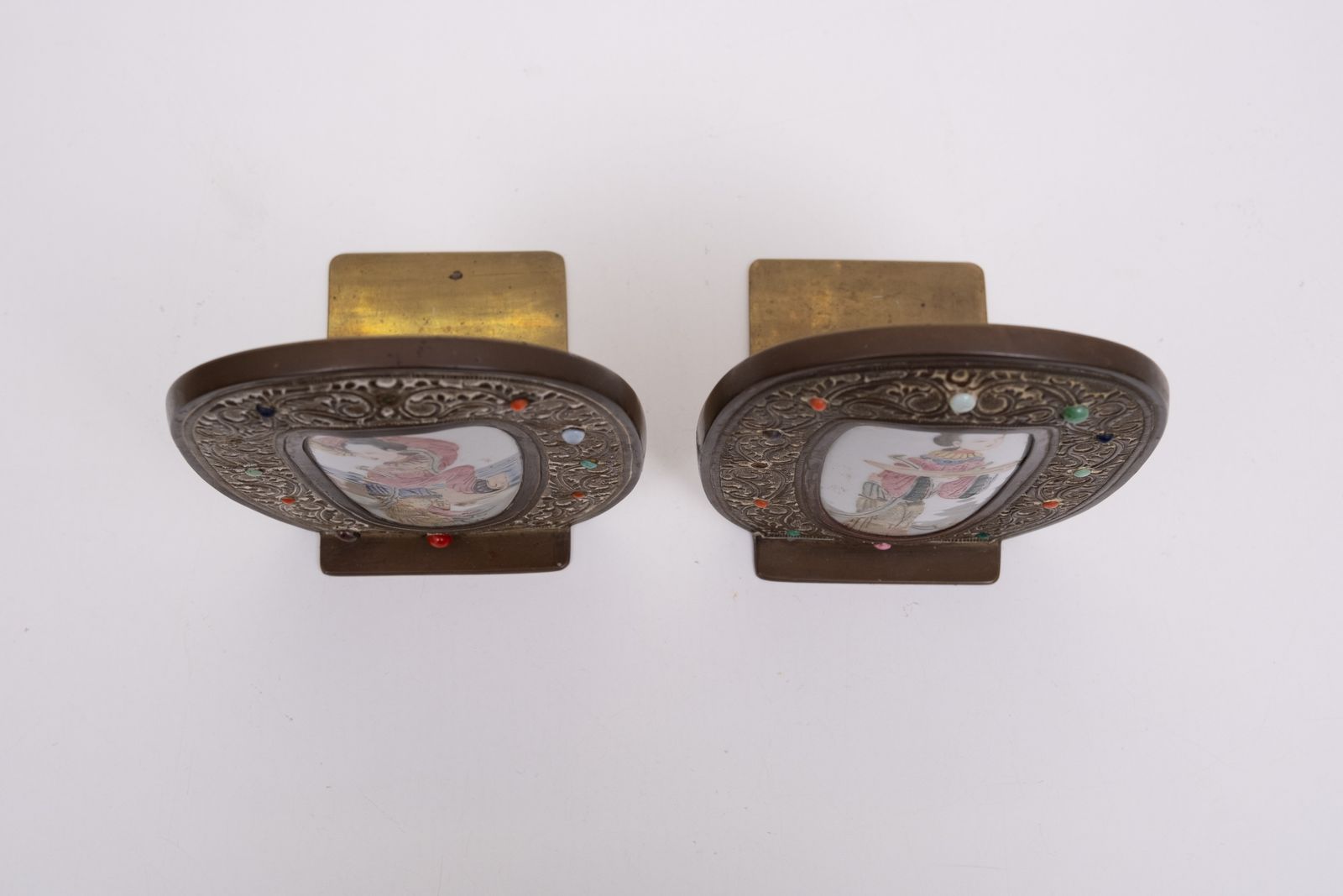 Antique Chinese Family Rose Porcelain Brass Book Ends photo for sale