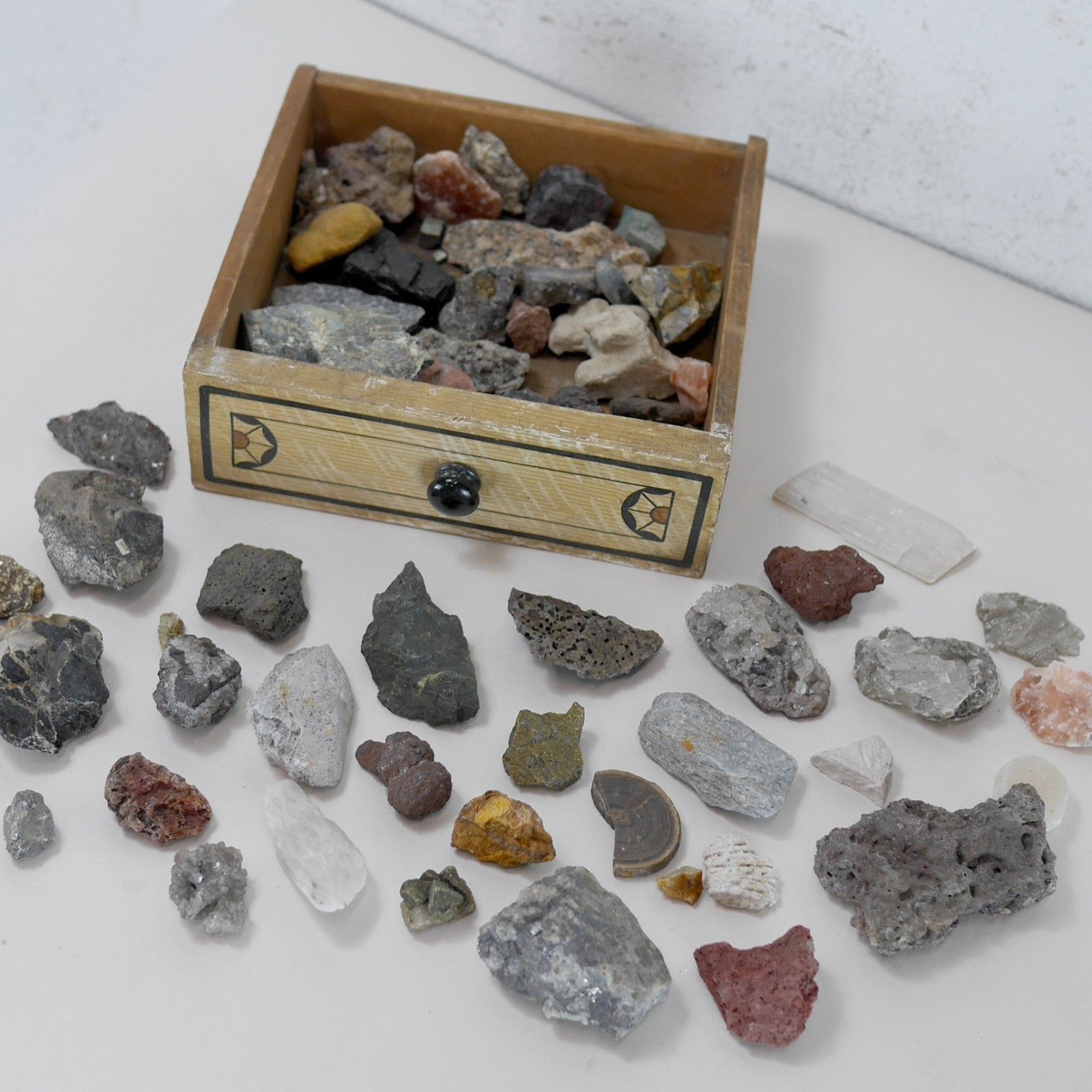 Vintage Collection Rocks Geodes Minerals Stones Crystals Wood Drawer #102946 photo for sale