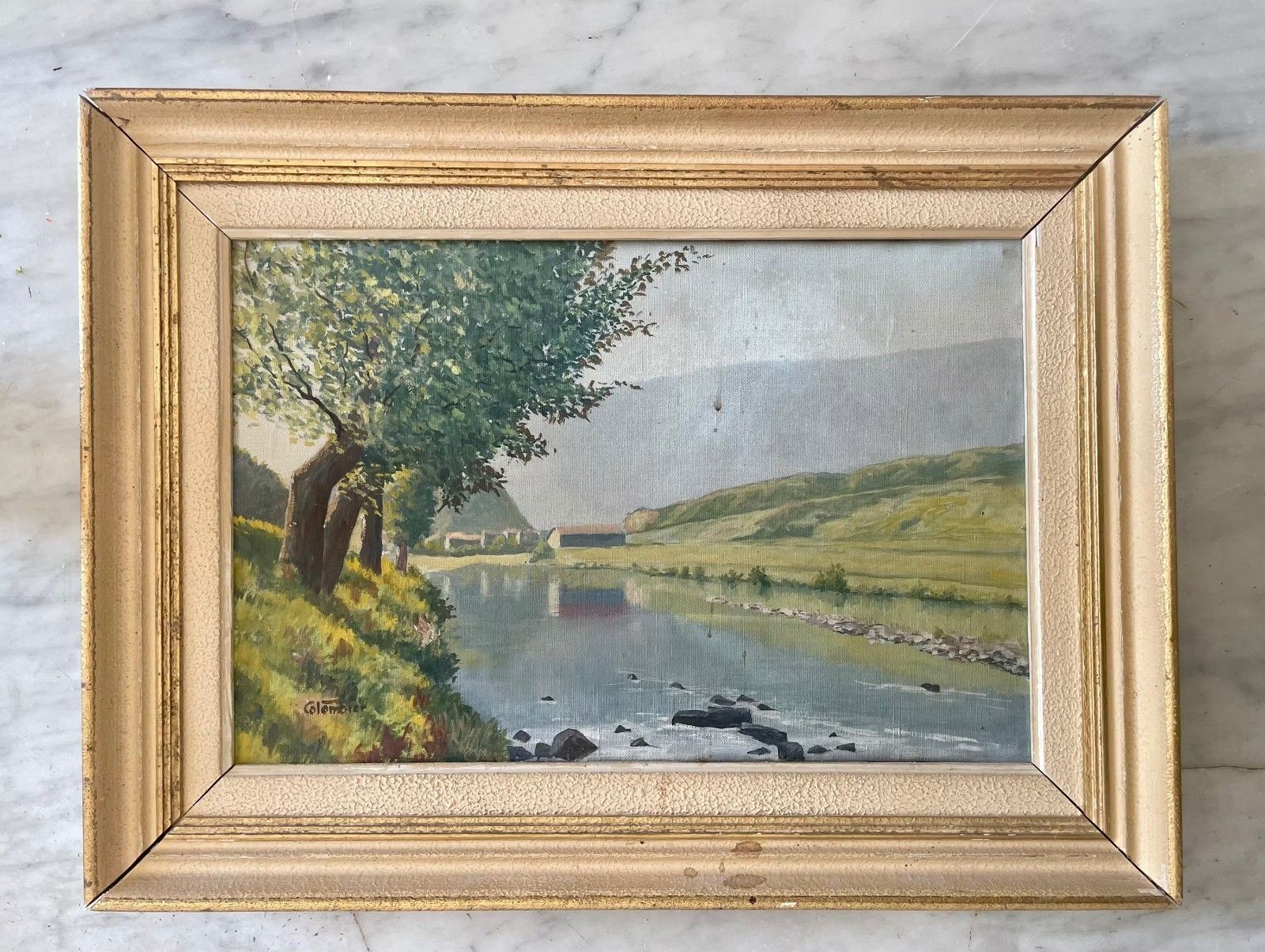 Vintage Oil Painting Village River Landscape Canvas With Wooden Frame! Vintage