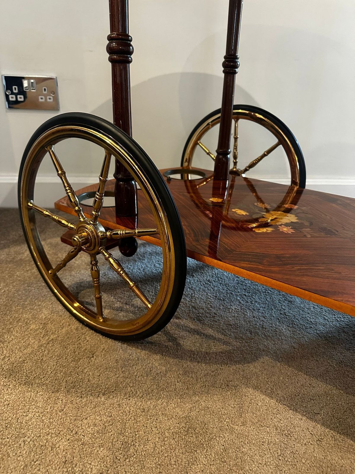 Serving Drink Bar Cart Trolley With Side Flaps, Marquetry Inlays, 1970s. photo furniture