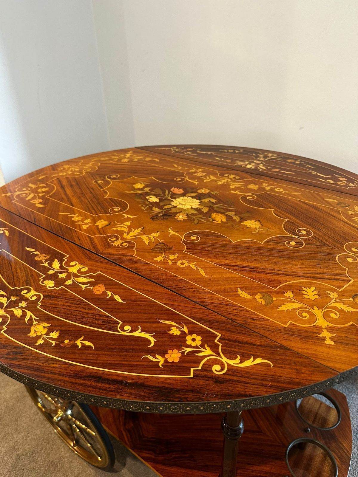Serving Drink Bar Cart Trolley With Side Flaps, Marquetry Inlays, 1970s. photo 375.0