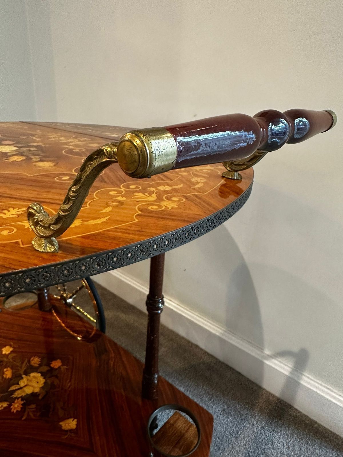 Serving Drink Bar Cart Trolley With Side Flaps, Marquetry Inlays, 1970s. photo vinterior