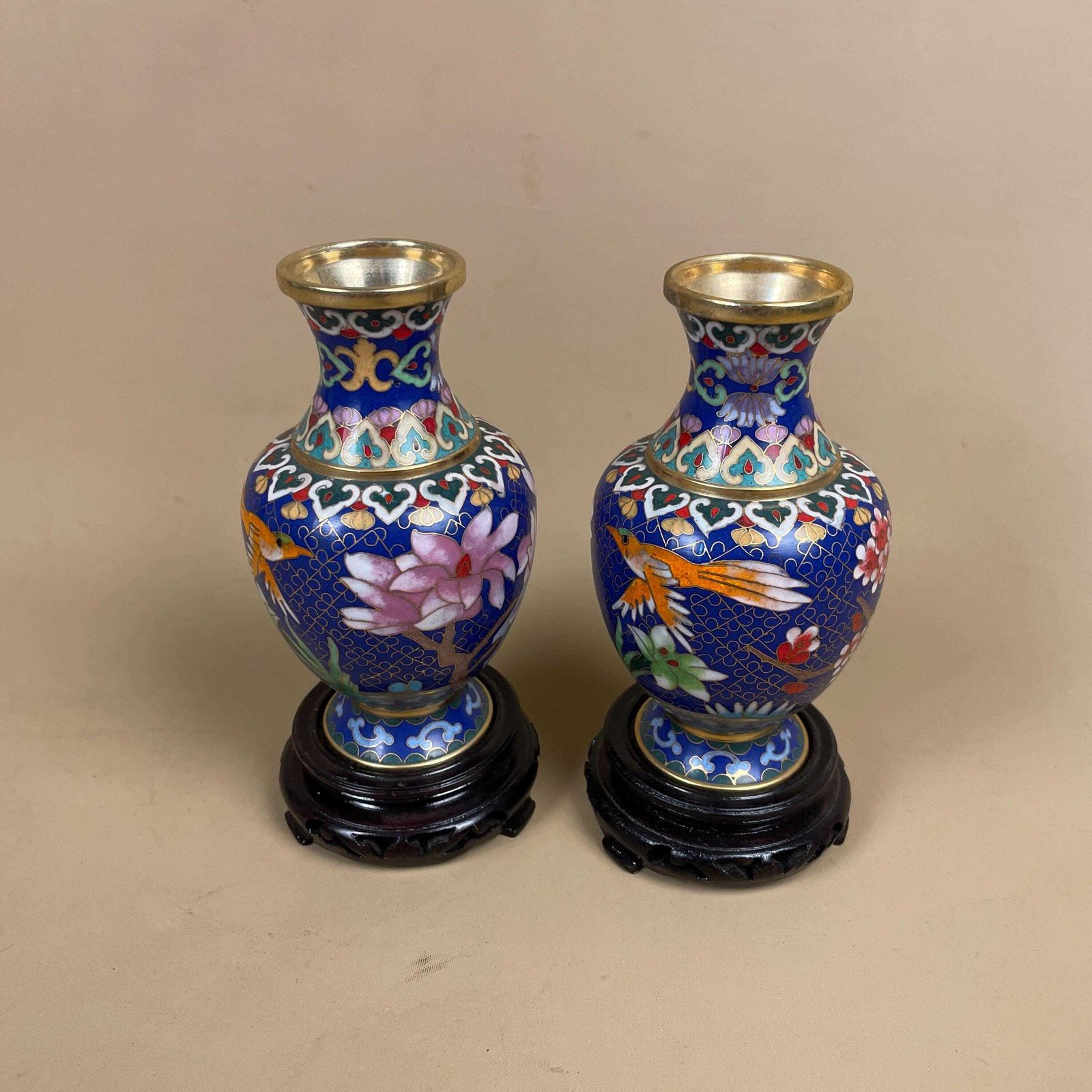 Pair Of 2 Oriental Chinese Cloisonne Handmade Vase Floral Decorative Pot Antique Metal Gold Enamel Painted Flower Blue Pink Wooden Base photo Home Decor