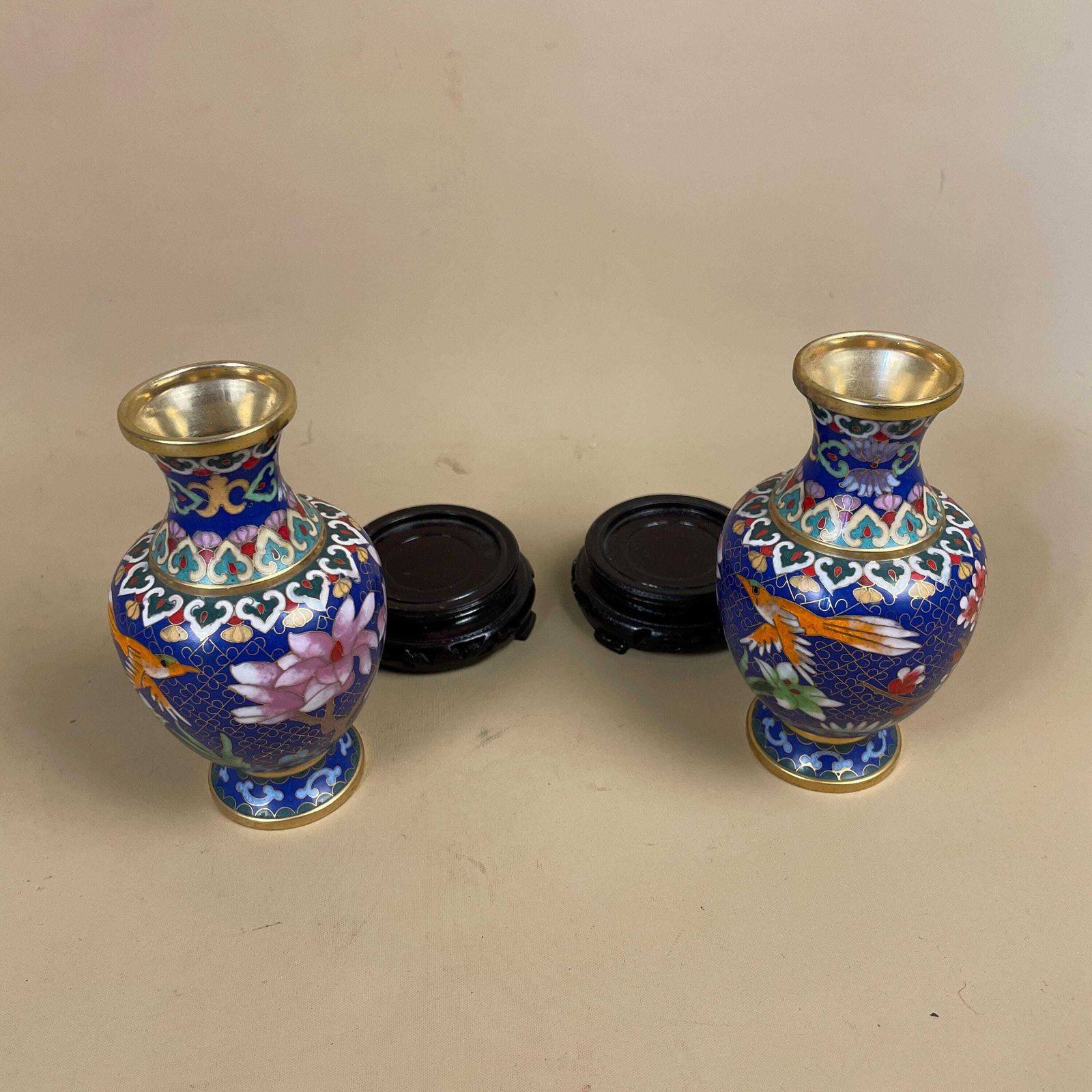 Pair Of 2 Oriental Chinese Cloisonne Handmade Vase Floral Decorative Pot Antique Metal Gold Enamel Painted Flower Blue Pink Wooden Base photo buy