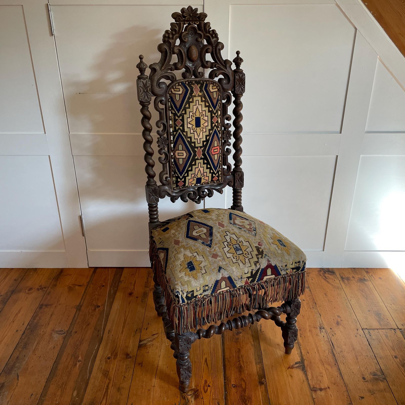 Antique Kilim Carpet Vintage Chair Seat Wooden Wood Vintage Patterned Fabric Nursing Hand Carved Bobble Legs Old Accent Slipper Handmade