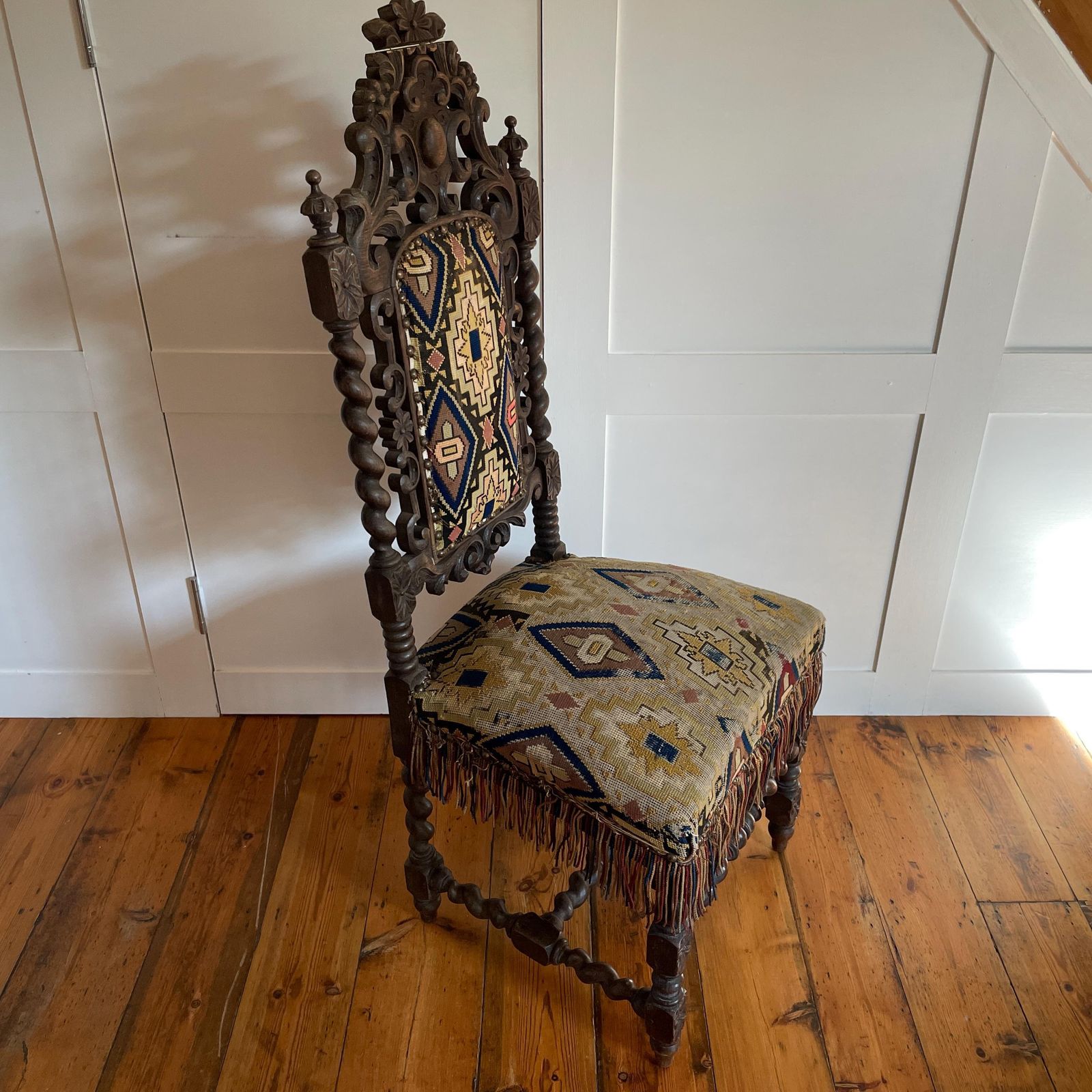 Antique Kilim Carpet Vintage Chair Seat Wooden Wood Vintage Patterned Fabric Nursing Hand Carved Bobble Legs Old Accent Slipper Handmade photo Furniture