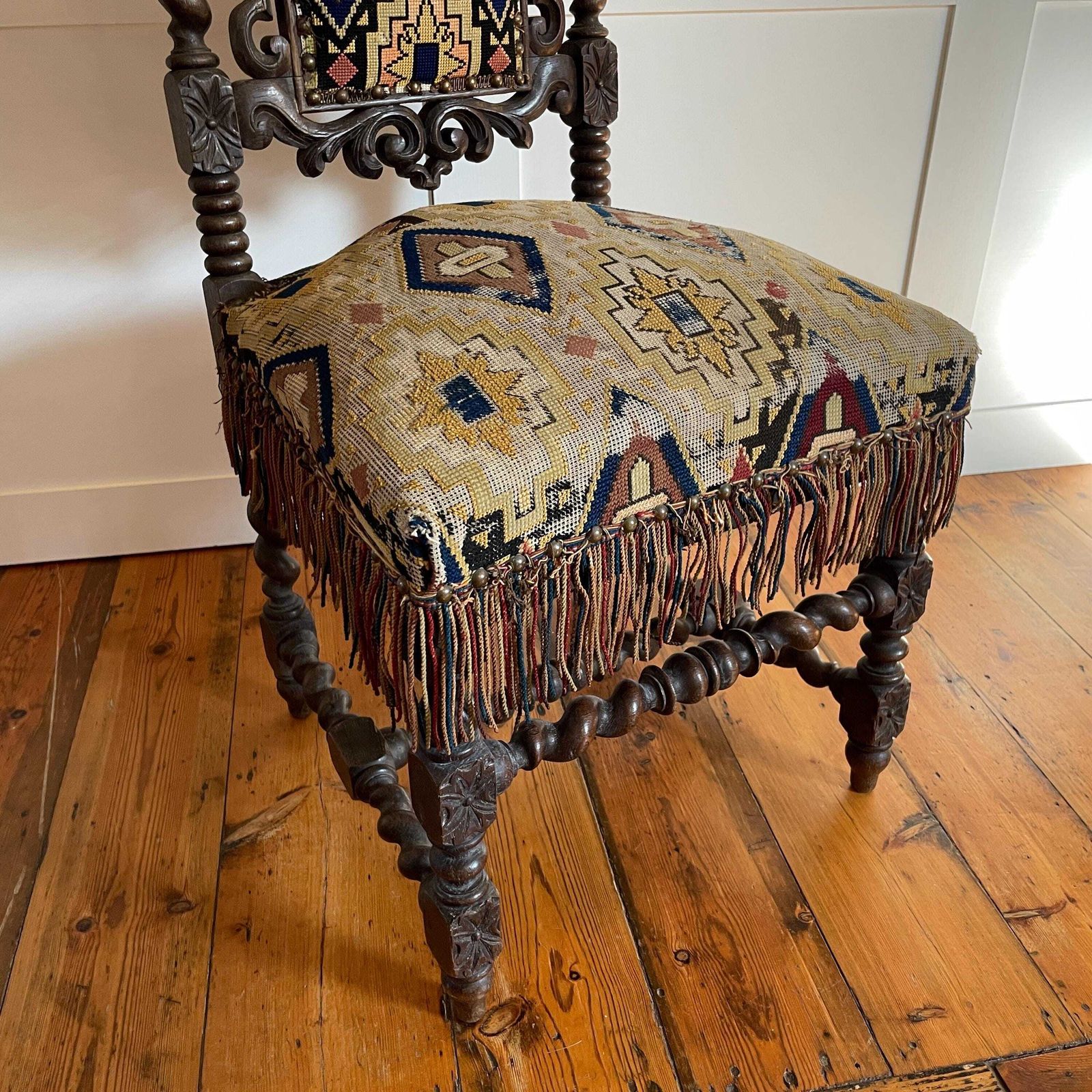 Antique Kilim Carpet Vintage Chair Seat Wooden Wood Vintage Patterned Fabric Nursing Hand Carved Bobble Legs Old Accent Slipper Handmade photo vinterior