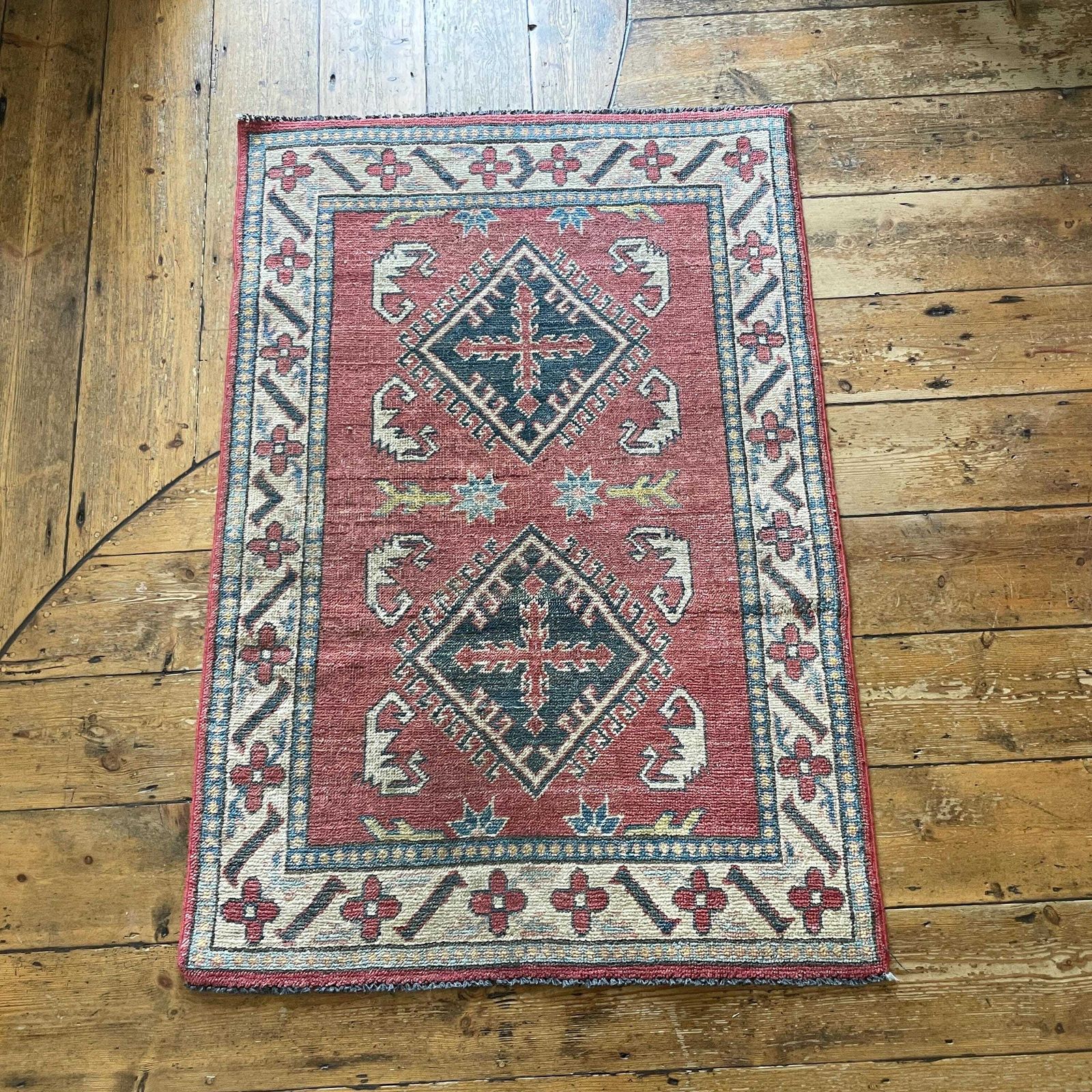 Antique Hand Woven Rug Carpet Mat Rectangle Wool Vintage Pattern Floor Mat Handmade Textile Patterned 130x87.5cm Red Blue Cream Kilim