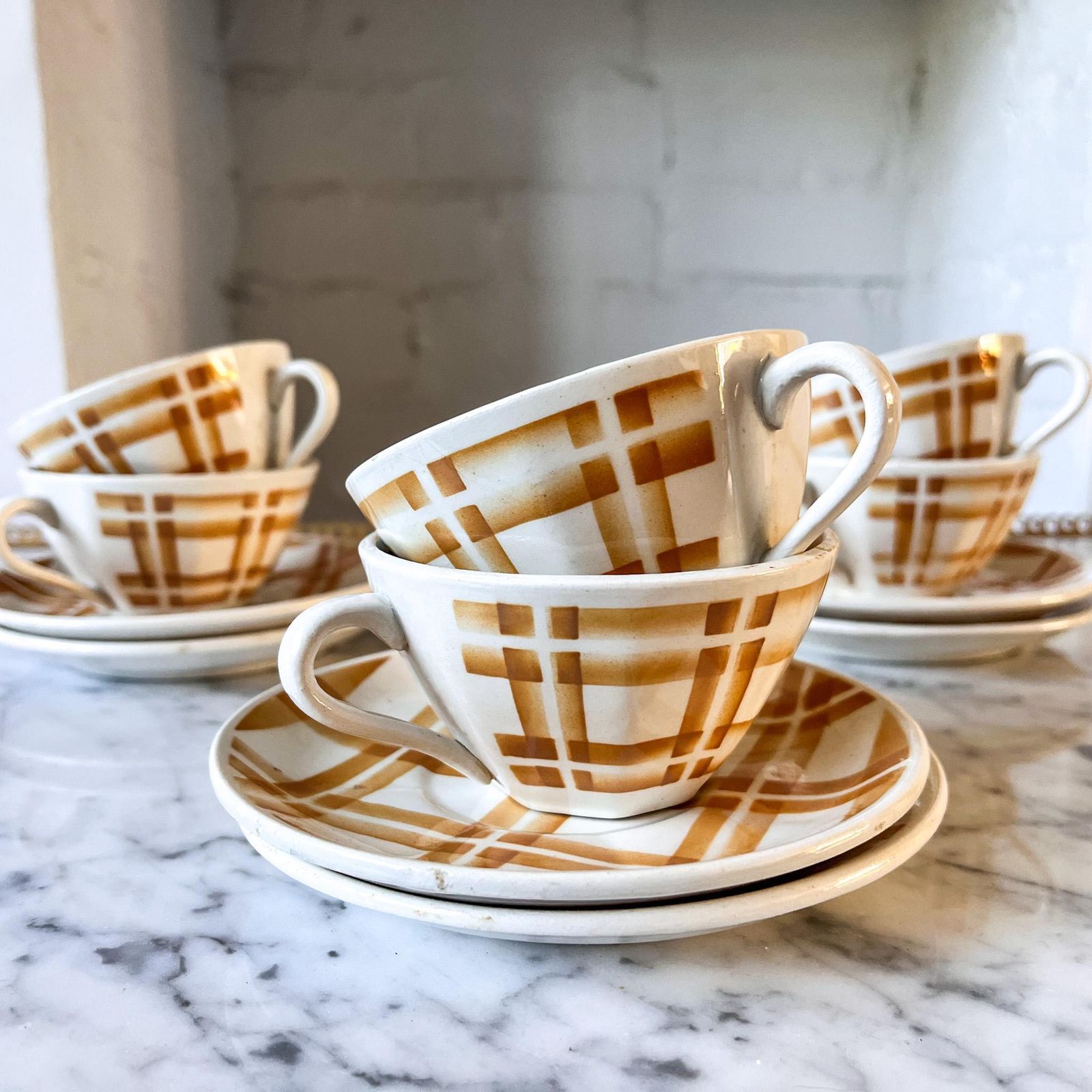 Set Of Six Vintage French Coffee Cups With Saucers In Yellow Gingham Pattern