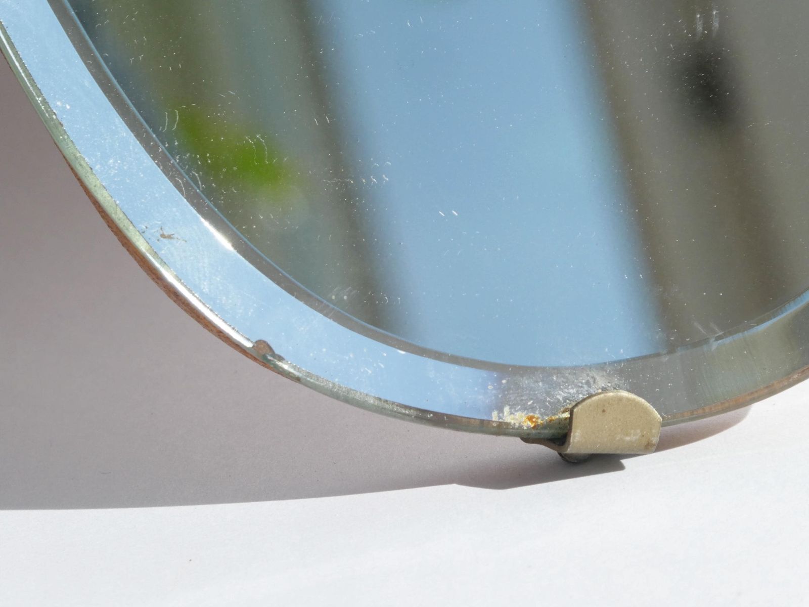 photo furniture Mid Century Asymmetrical Small Frameless Mirror, Vintage Wall Mirror With Beveled Glass, Art Deco Mirror